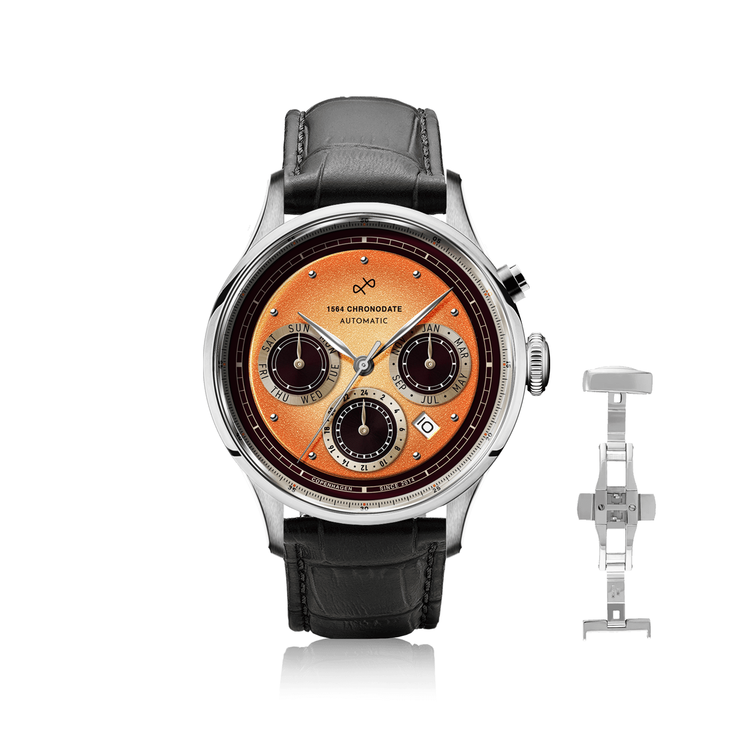 1564 Chronodate Automatic by AV86 with vintage-inspired chronograph dial, sapphire crystal, and black leather strap