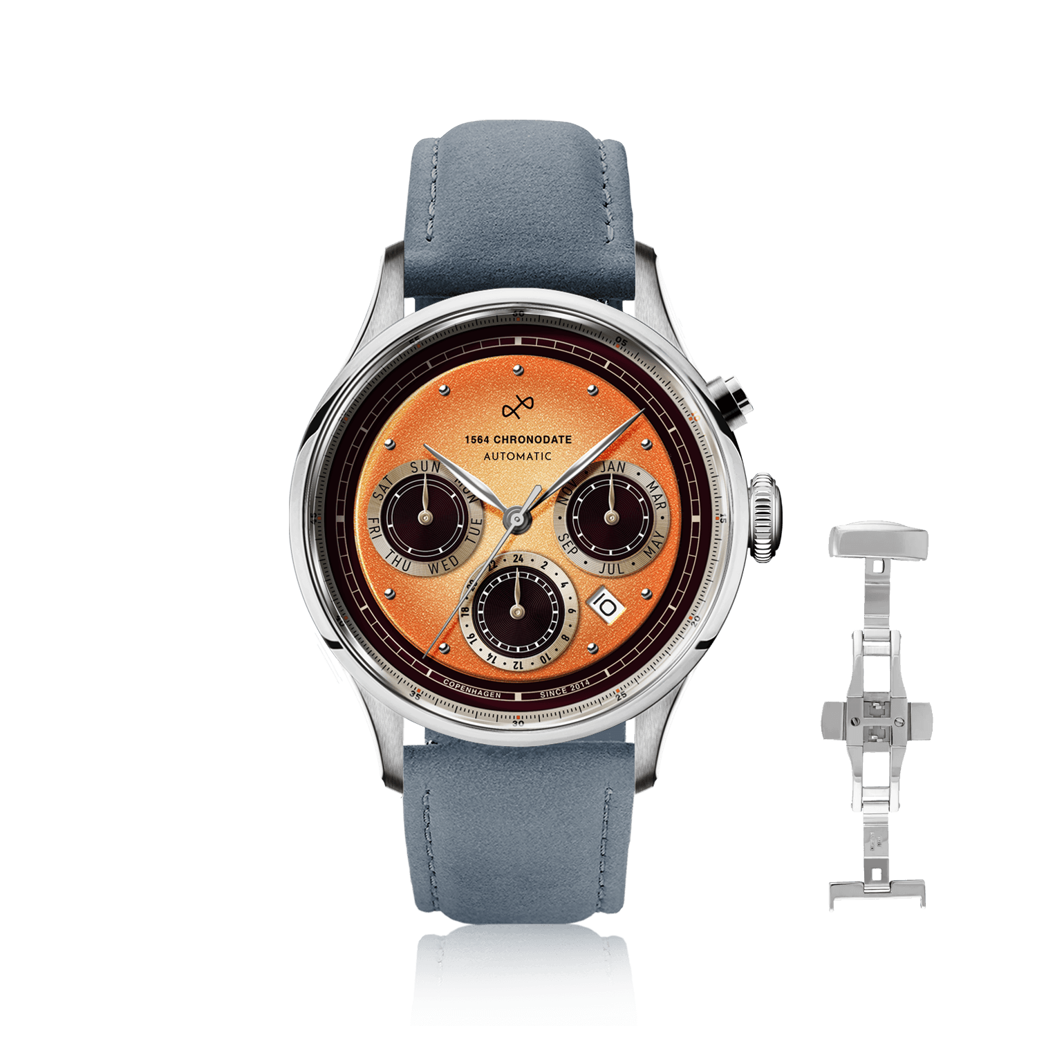 1564 Chronodate Automatic by AV86 vintage-inspired chronograph with sapphire crystal, date window, and blue leather strap