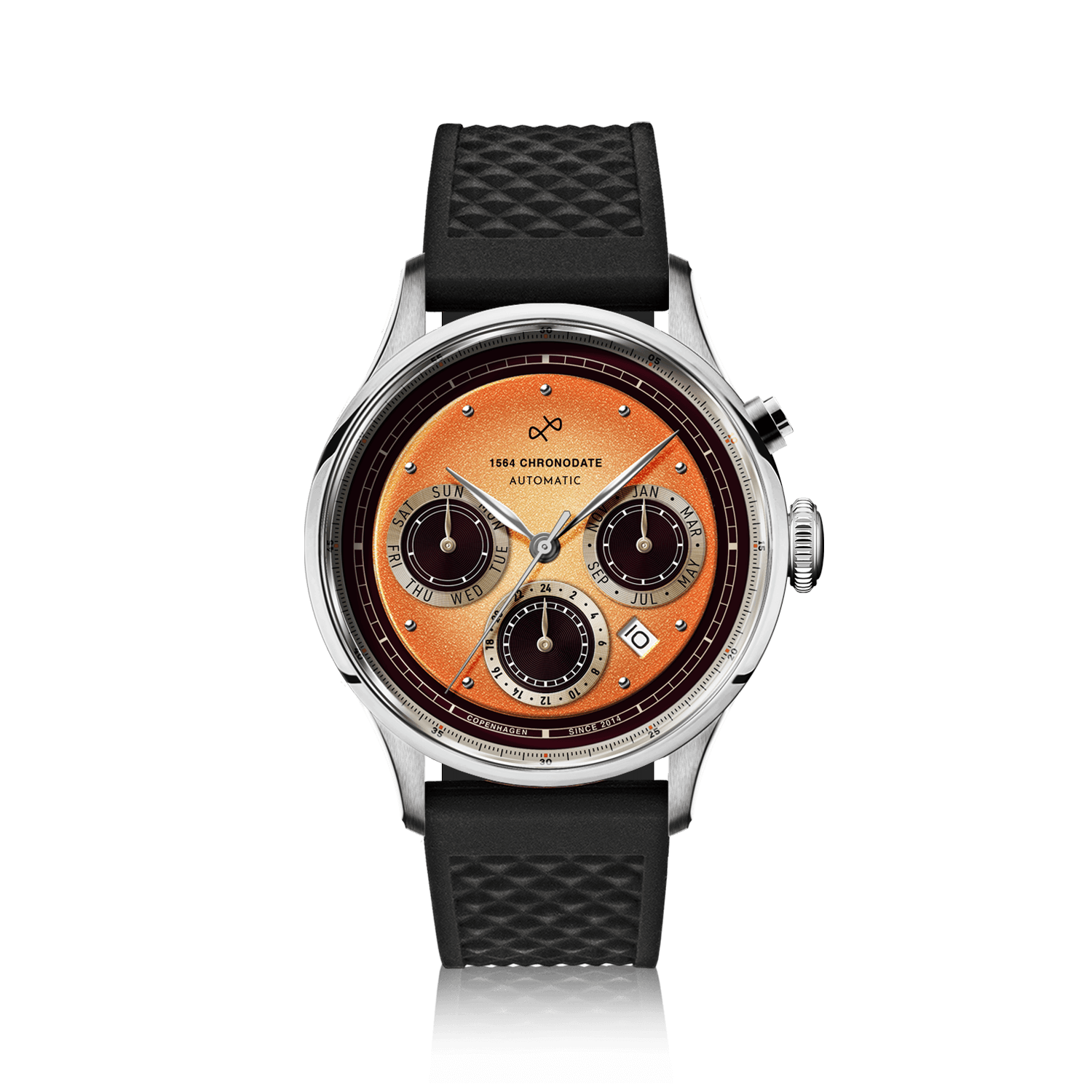 1564 Chronodate Automatic by AV86 vintage-inspired chronograph with sapphire crystal, textured black rubber strap, and date function