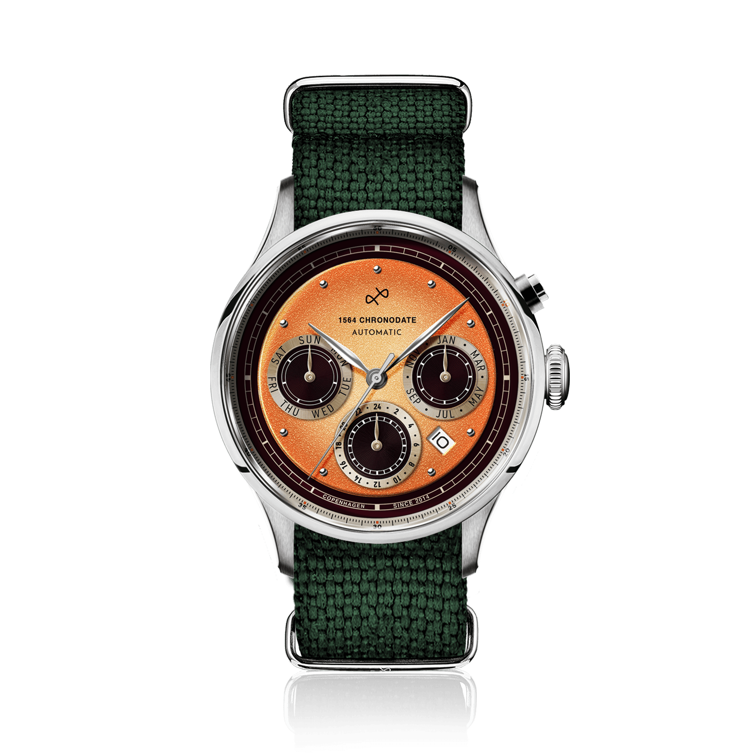 1564 Chronodate Automatic by AV86 vintage-inspired chronograph with sapphire crystal, multifunction dial, and textured fabric strap