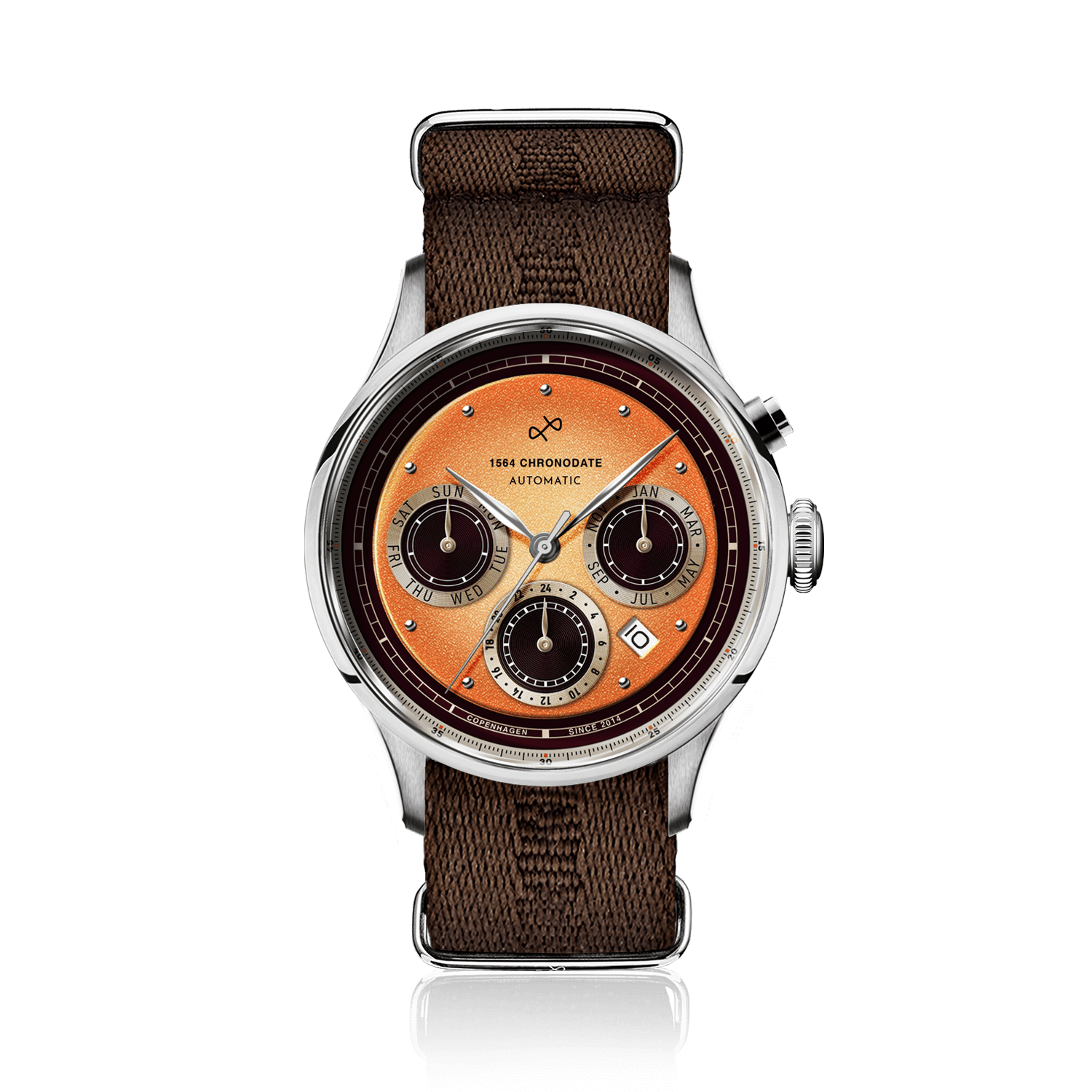 1564 Chronodate Automatic by AV86 vintage-inspired chronograph with sapphire crystal, multi-function dial, and brown fabric strap