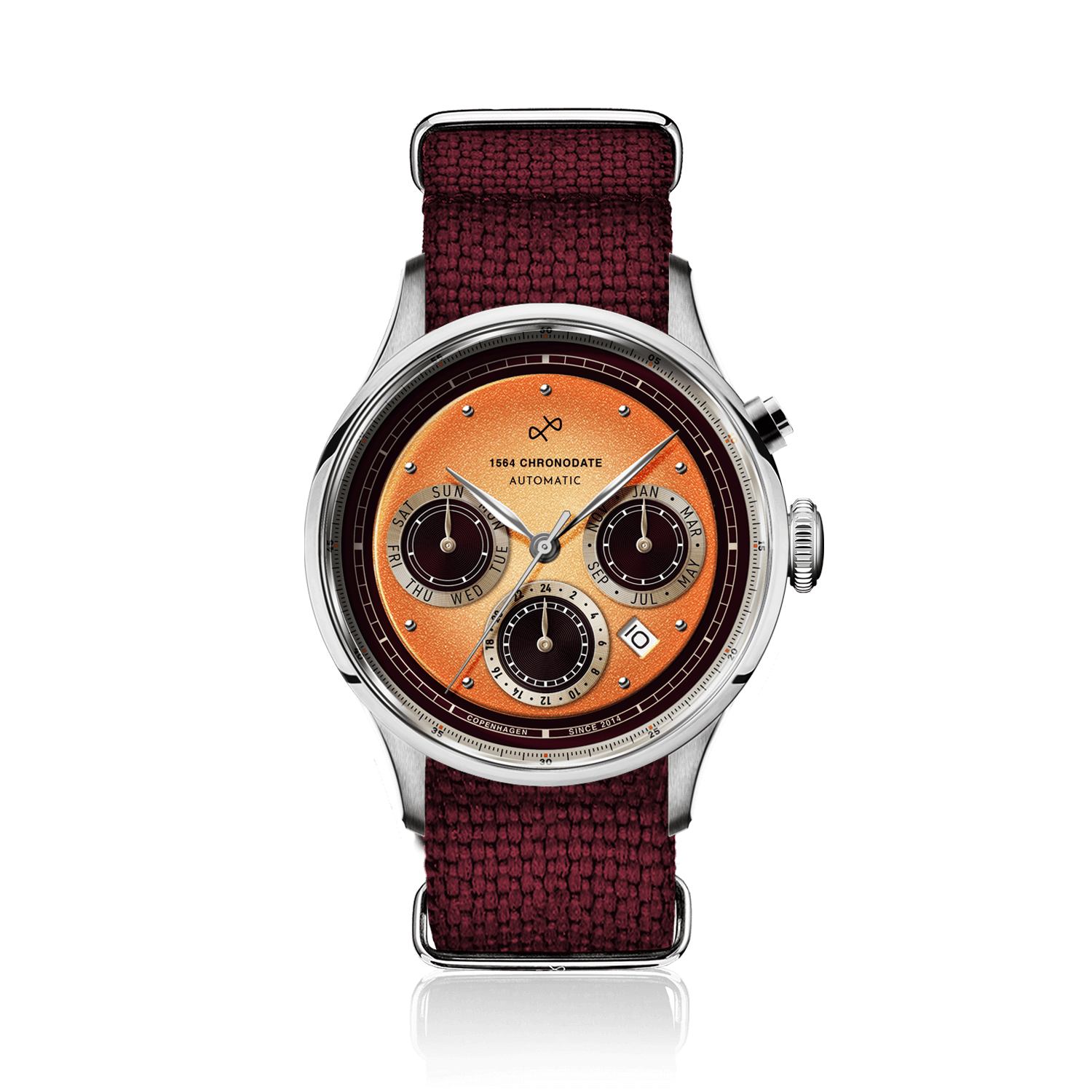 1564 Chronodate Automatic by AV86 vintage-inspired chronograph with sapphire crystal and textured burgundy fabric strap