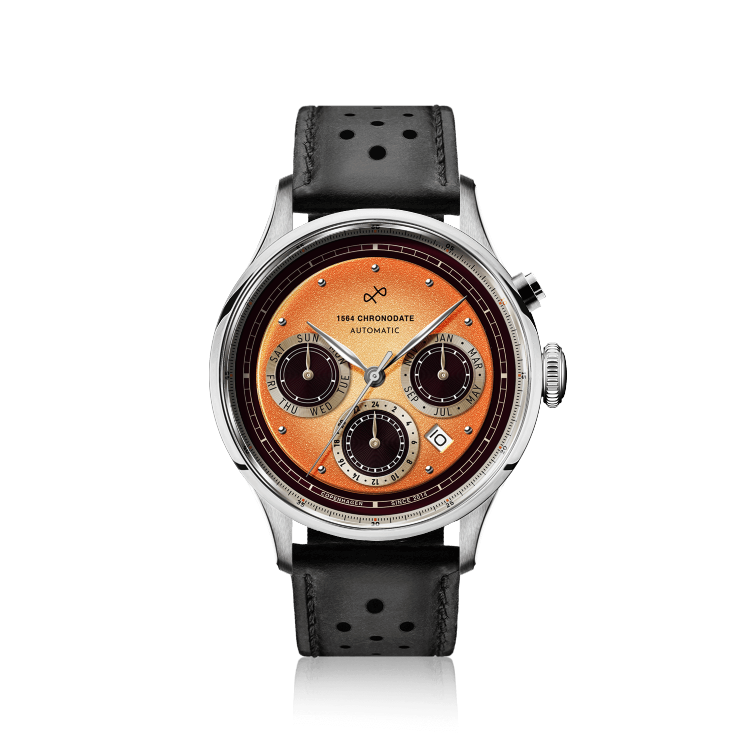 1564 Chronodate Automatic by AV86 vintage-inspired chronograph with sapphire crystal, multifunction subdials, and perforated leather strap
