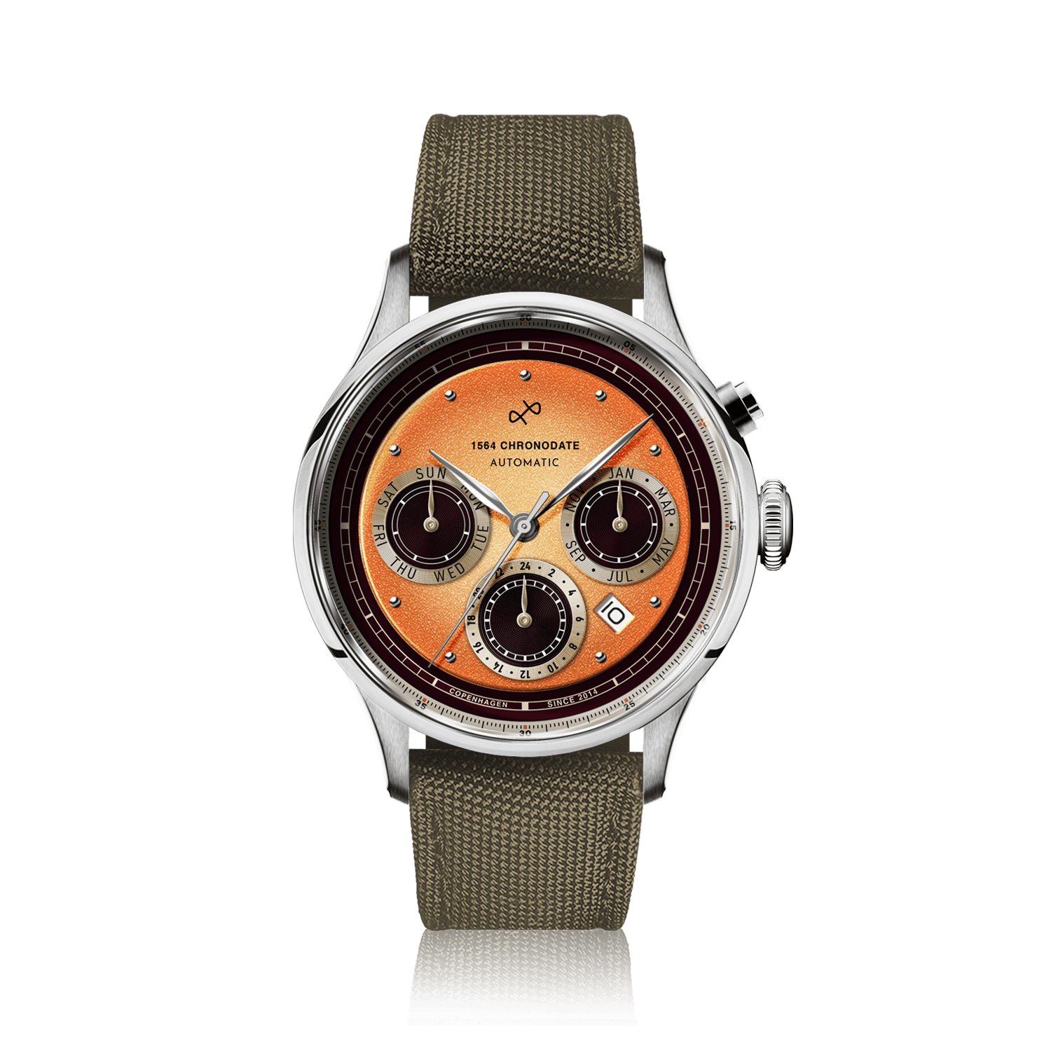 1564 Chronodate Automatic by AV86 vintage-inspired automatic chronograph with sapphire crystal and textured fabric strap