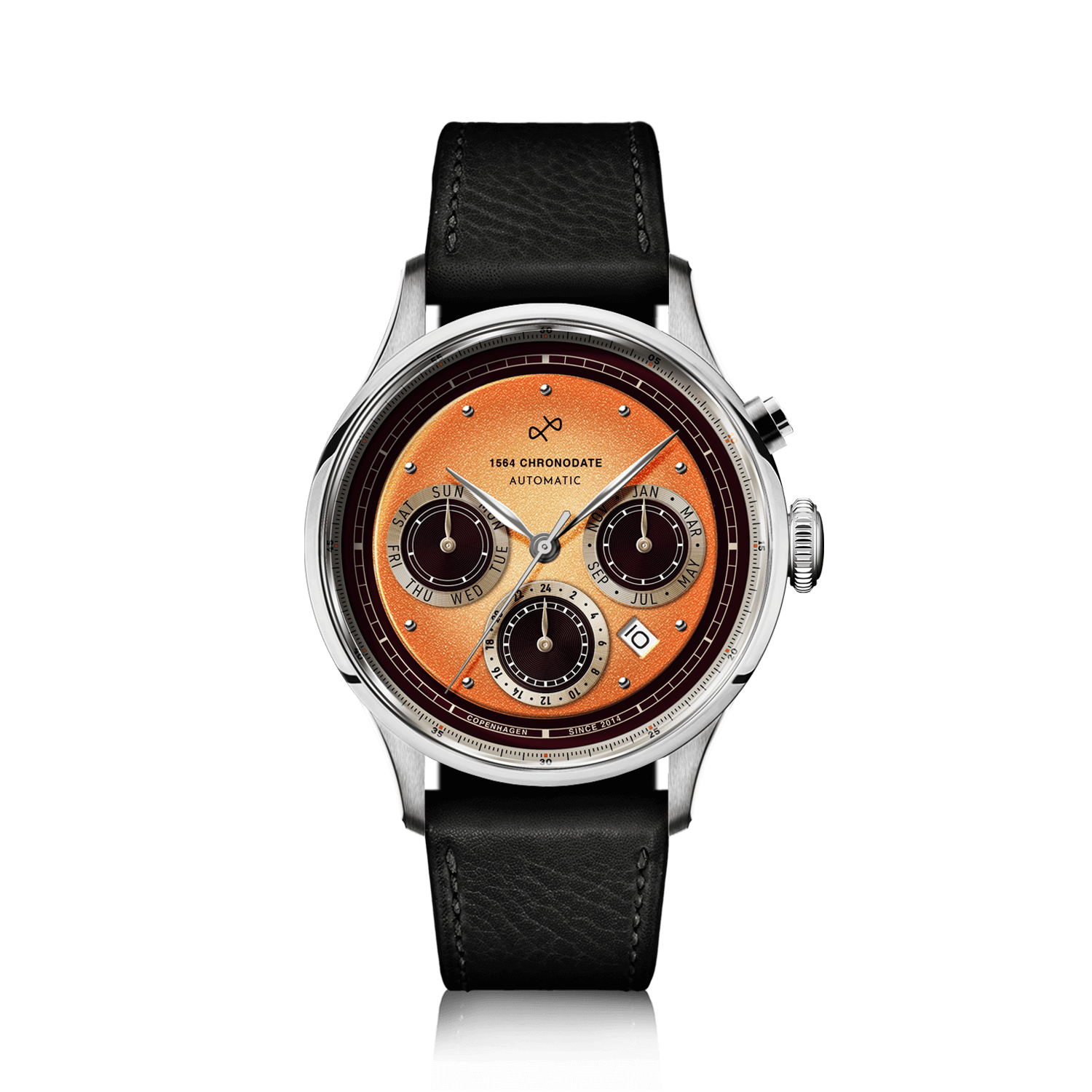 1564 Chronodate Automatic by AV86 vintage-inspired chronograph with sapphire crystal, date window, and black leather strap