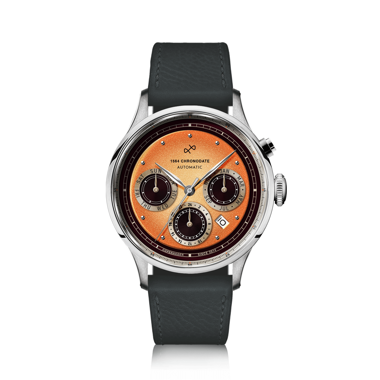 1564 Chronodate Automatic by AV86 vintage-inspired automatic with sapphire crystal, chronograph subdials, and black leather strap