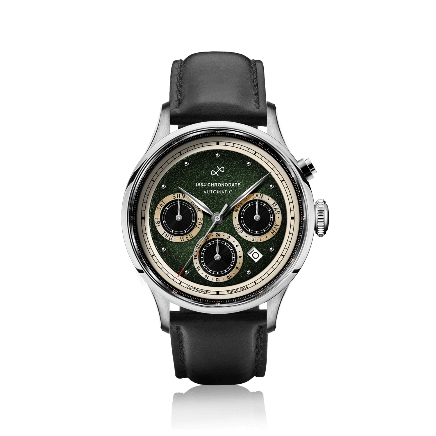 1564 Chronodate Automatic by AV86 vintage-inspired chronograph with sapphire crystal, black leather strap, and green dial detailing