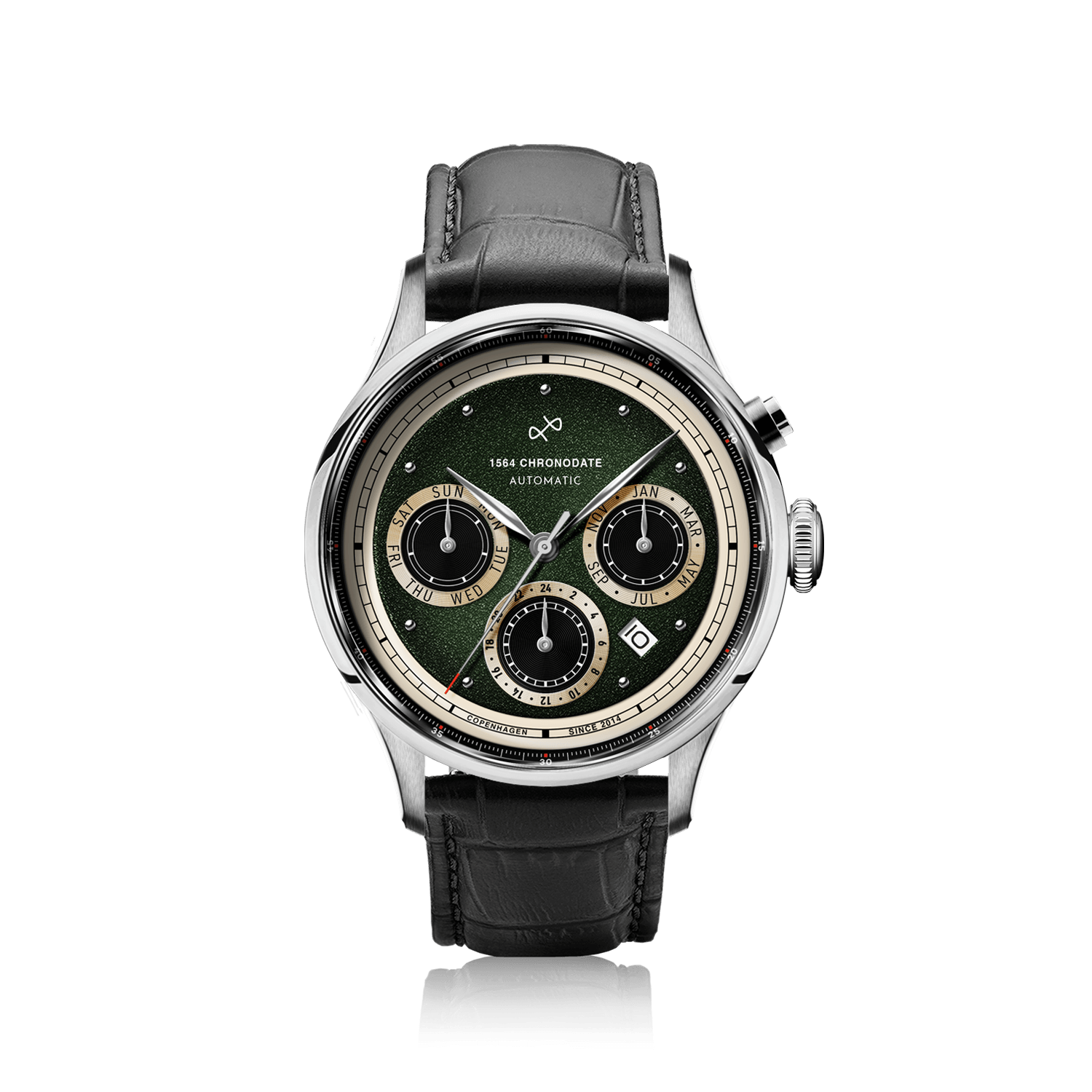 1564 Chronodate Automatic by AV86 vintage-inspired chronograph with sapphire crystal, automatic movement, subdials, and black leather strap