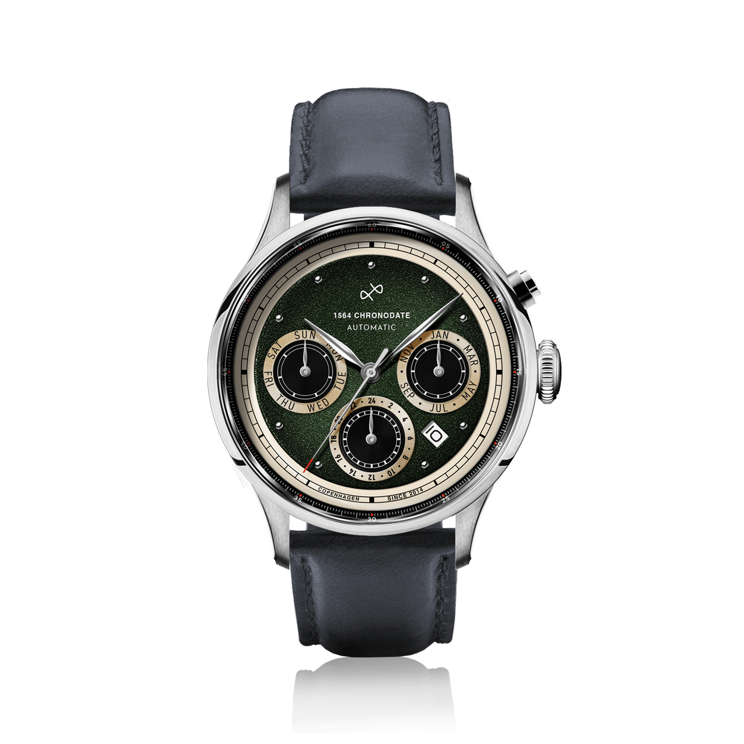 1564 Chronodate Automatic by AV86 vintage-inspired chronograph with sapphire crystal, automatic movement, and black leather strap