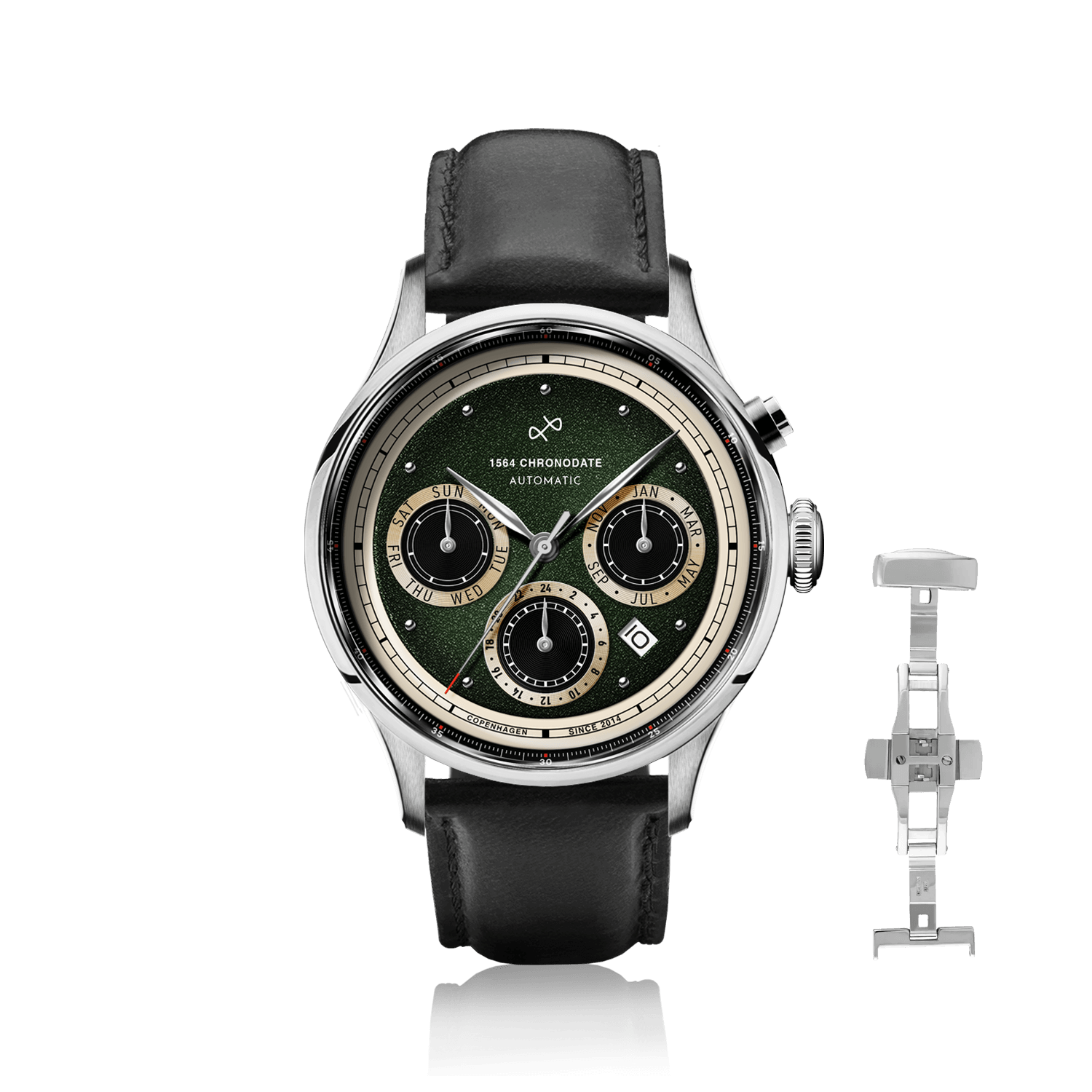 1564 Chronodate Automatic by AV86 vintage-inspired chronograph with sapphire crystal, three subdials, and black leather strap