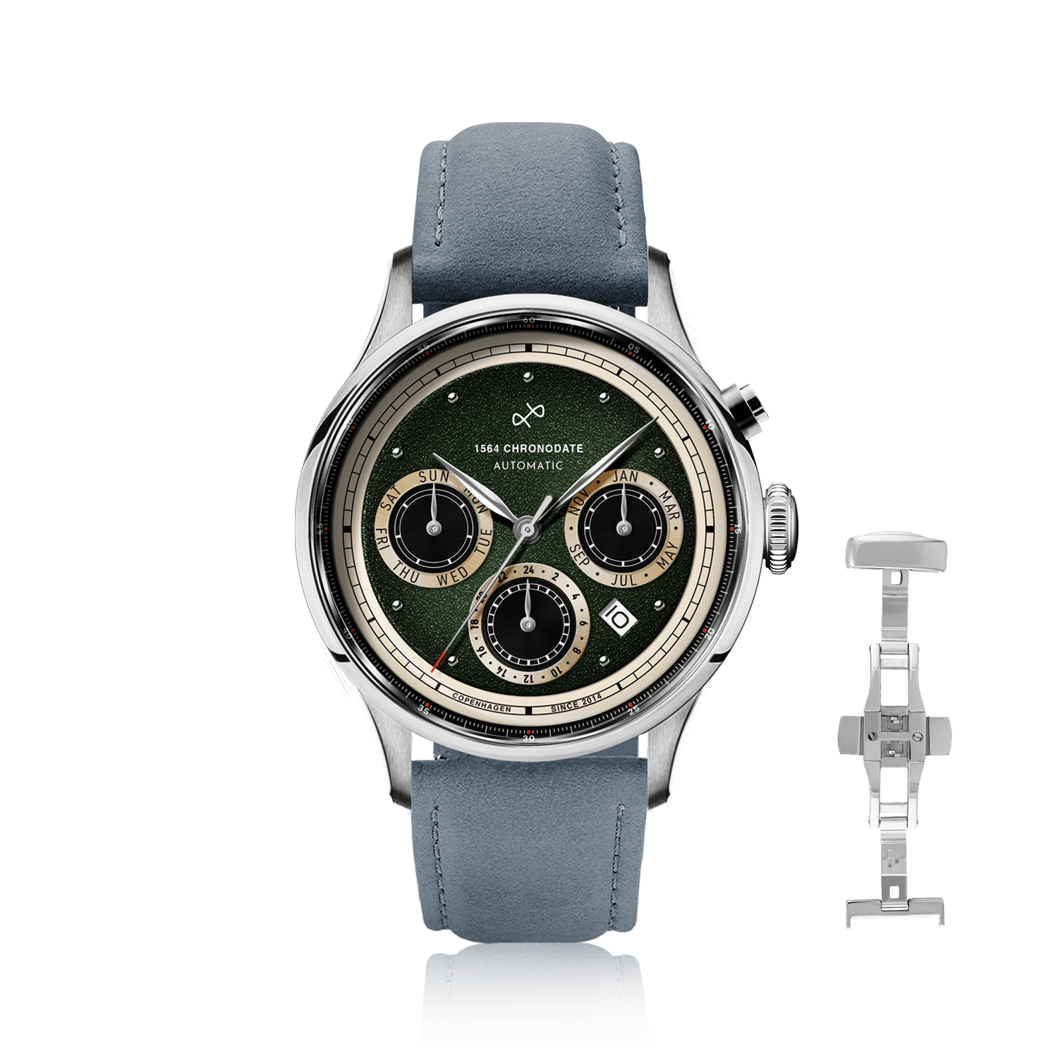 1564 Chronodate Automatic by AV86 vintage-inspired chronograph with sapphire crystal, automatic movement, and blue leather strap