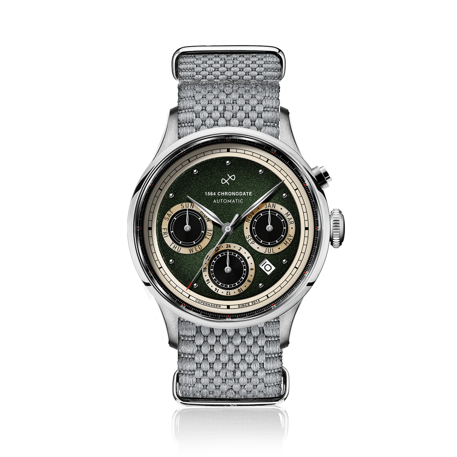 1564 Chronodate Automatic by AV86 vintage-inspired chronograph with sapphire crystal, automatic movement, and textured fabric strap