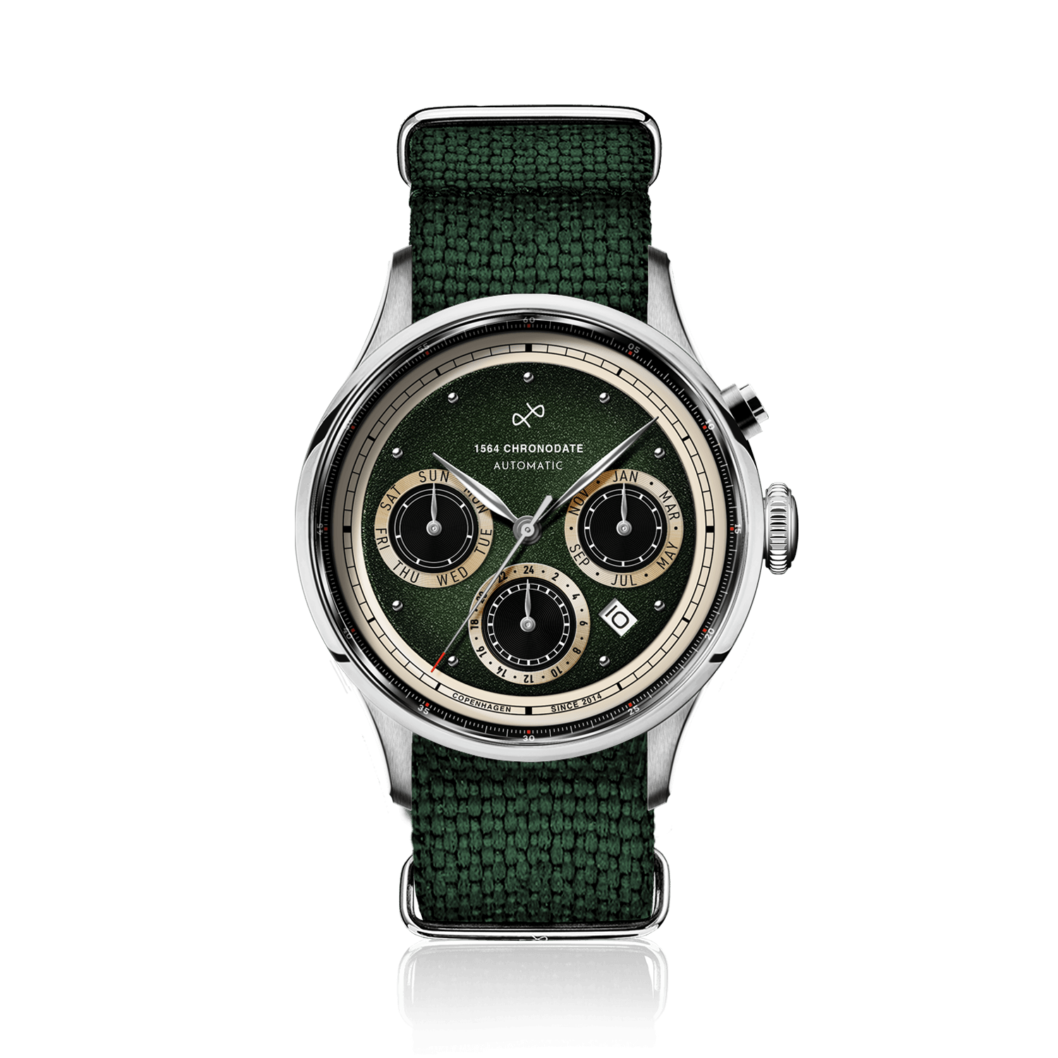 1564 Chronodate Automatic by AV86 luxury vintage-inspired automatic chronograph with sapphire crystal, green textile strap, and multi-function dial