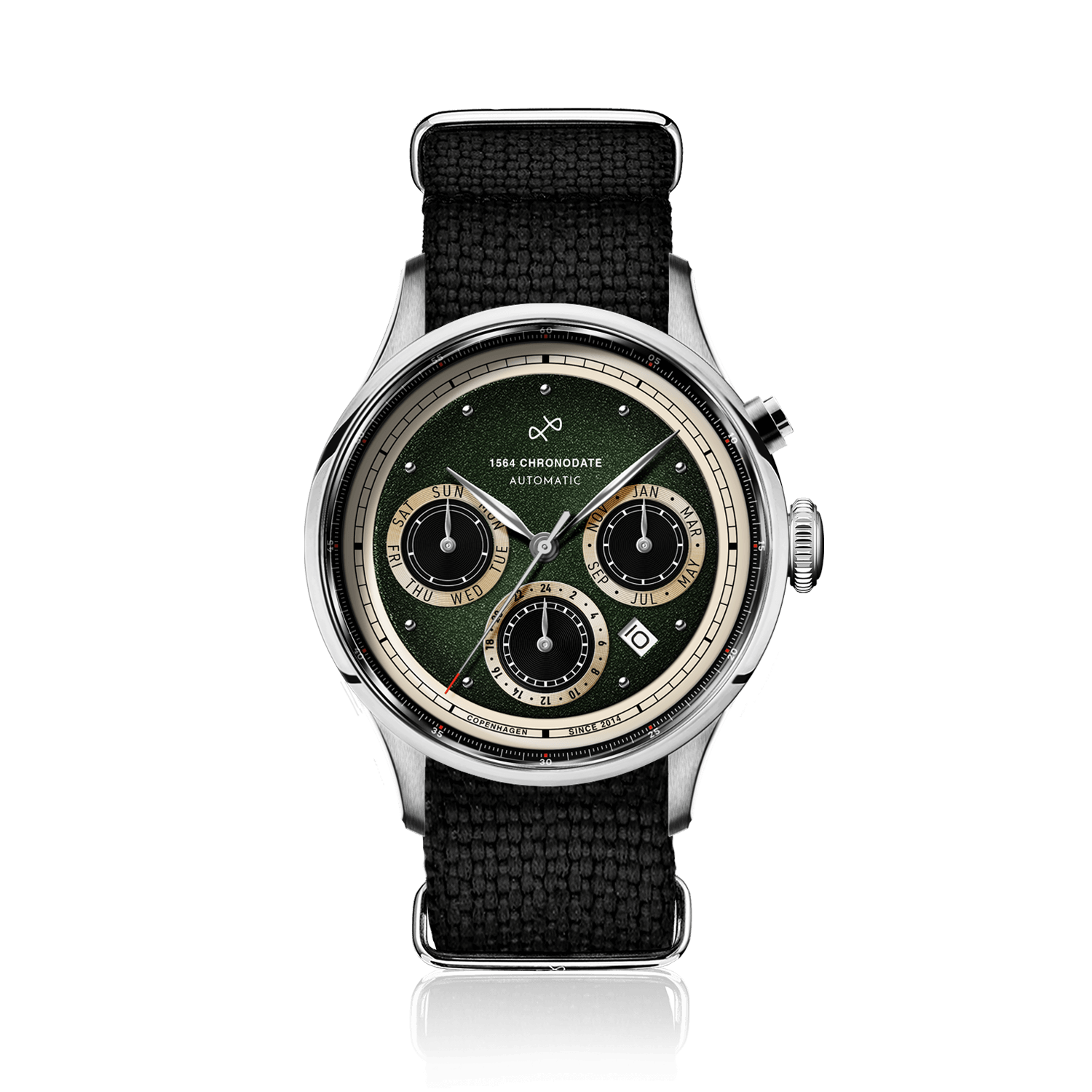 1564 Chronodate Automatic by AV86 vintage-inspired chronograph with sapphire crystal, automatic movement, and black fabric strap
