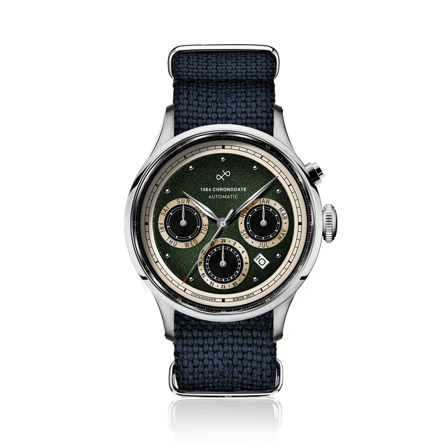 1564 Chronodate Automatic by AV86 vintage-inspired chronograph with sapphire crystal, multi-function dial, and woven fabric strap