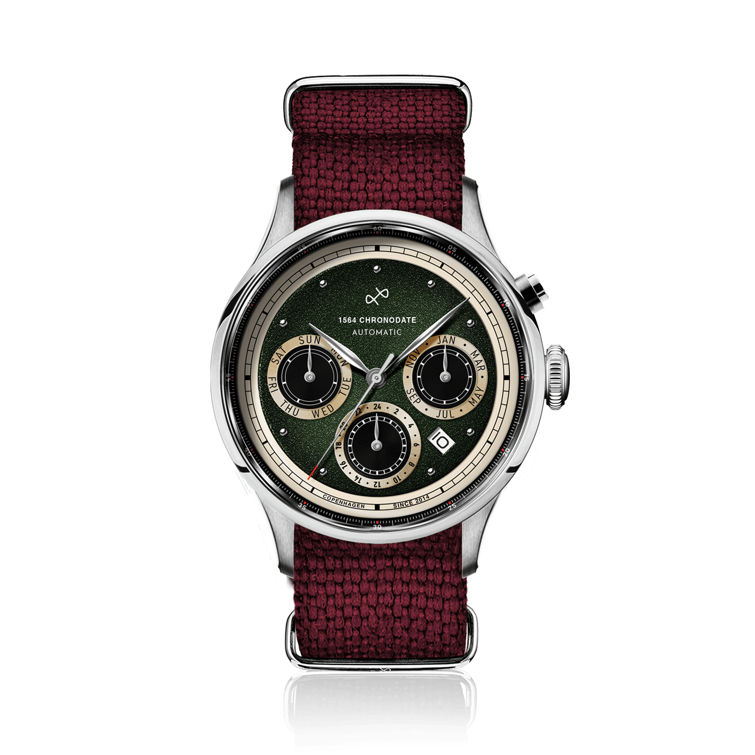 1564 Chronodate Automatic by AV86 vintage-inspired automatic chronograph with sapphire crystal, textured dial, and fabric strap