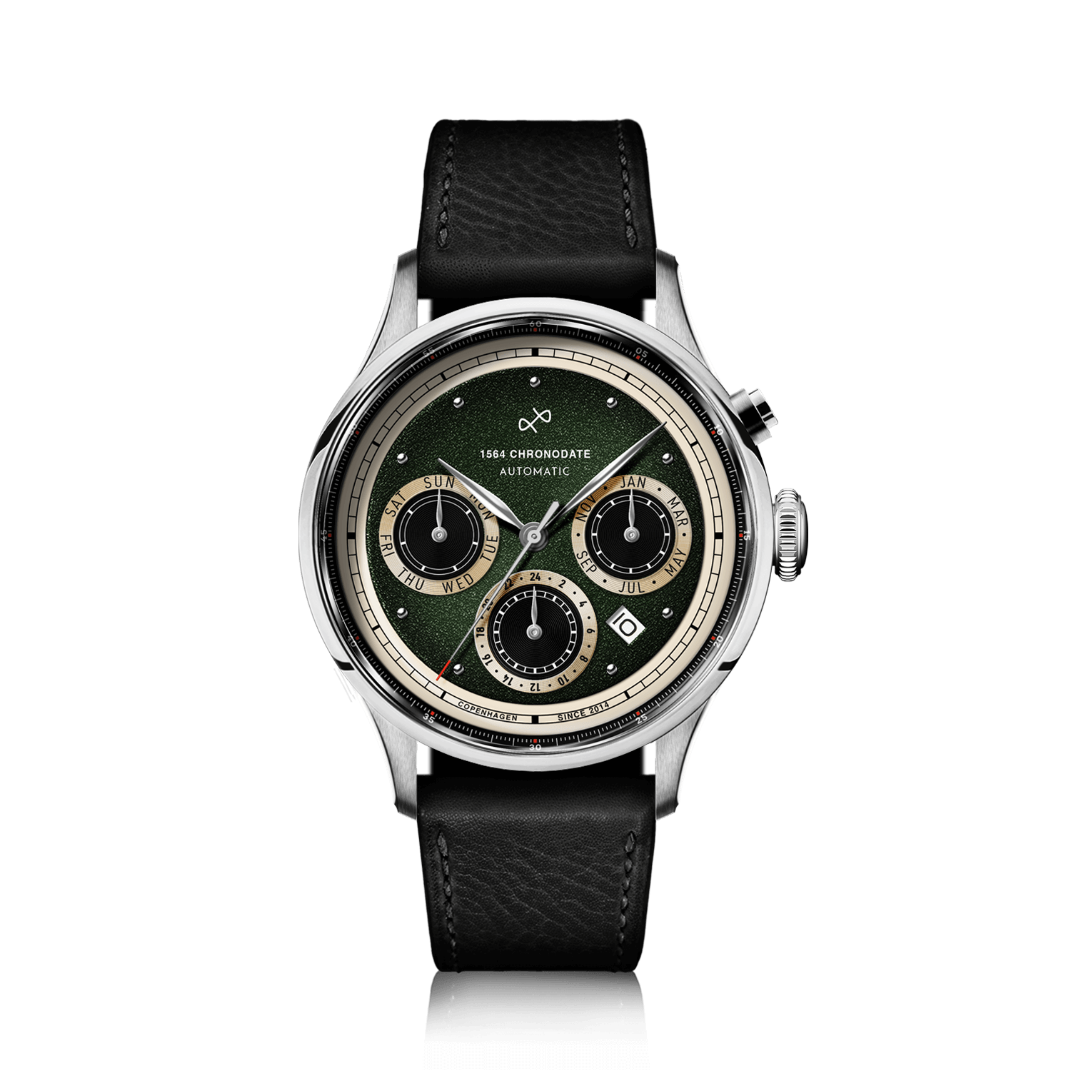1564 Chronodate Automatic by AV86 luxury vintage-inspired chronograph with sapphire crystal, automatic movement, and black leather strap