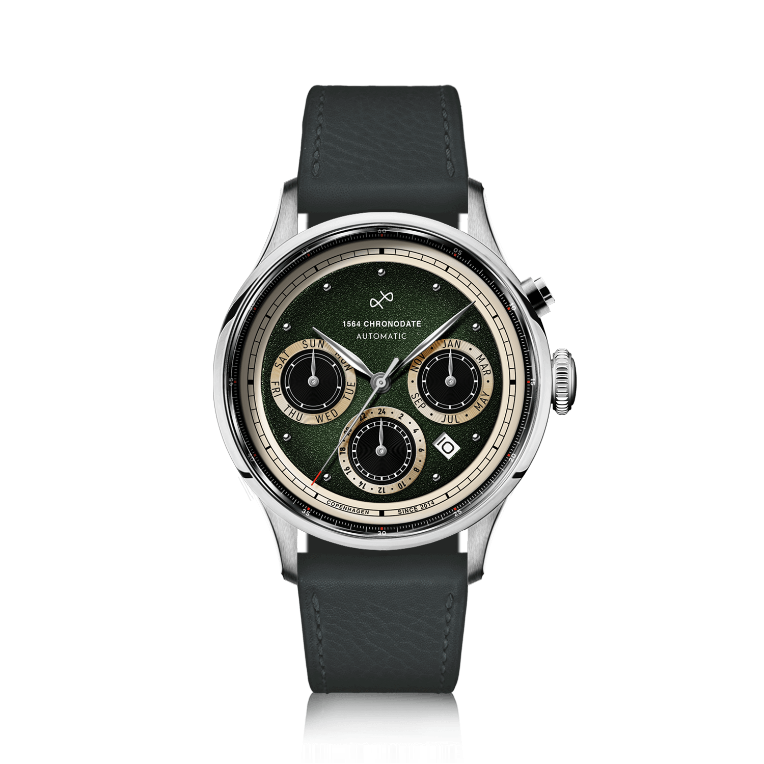 1564 Chronodate Automatic by AV86 vintage-inspired chronograph with sapphire crystal, automatic movement, and black leather strap