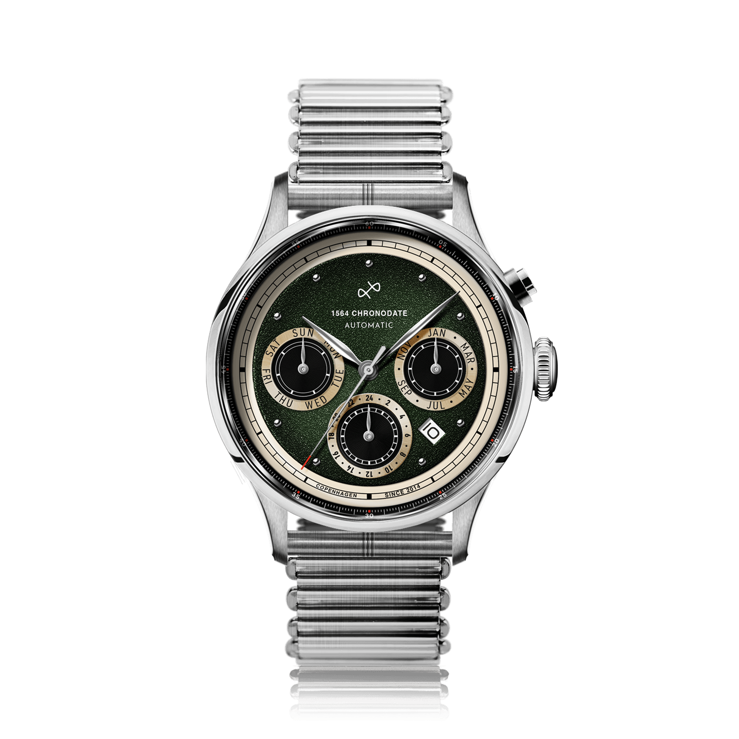 1564 Chronodate Automatic by AV86 vintage-inspired chronograph with sapphire crystal, date function, and stainless steel bracelet strap