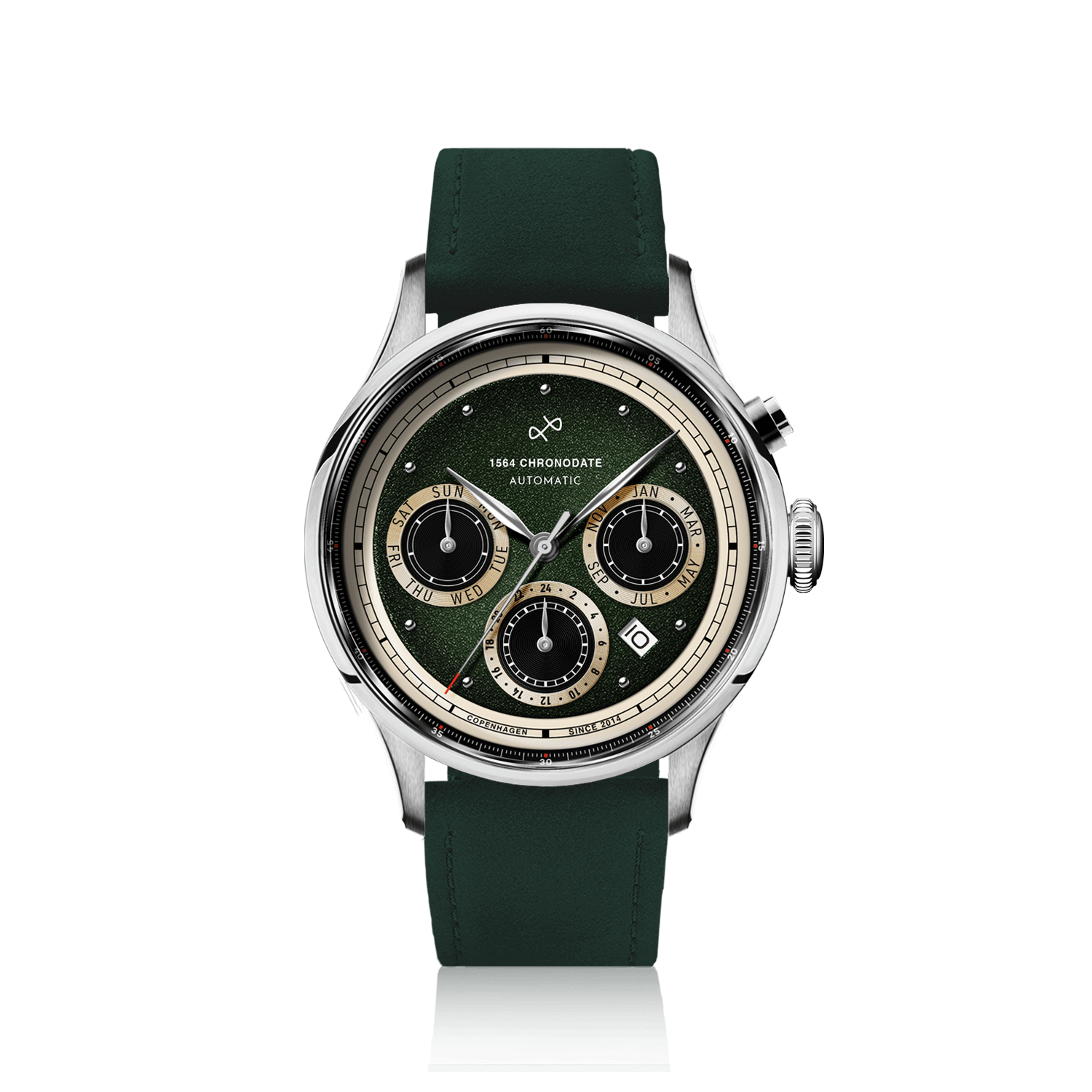 1564 Chronodate Automatic by AV86 vintage-inspired automatic chronograph with sapphire crystal, multi-function dial, and green leather strap