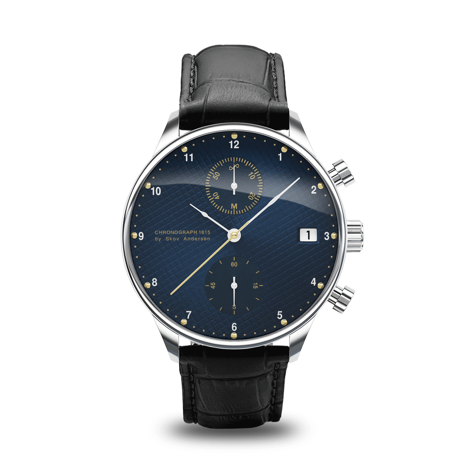 1815 Chronograph by AV86 luxury timepiece with vintage-inspired dial, sapphire crystal, black leather strap, and precise chronograph function