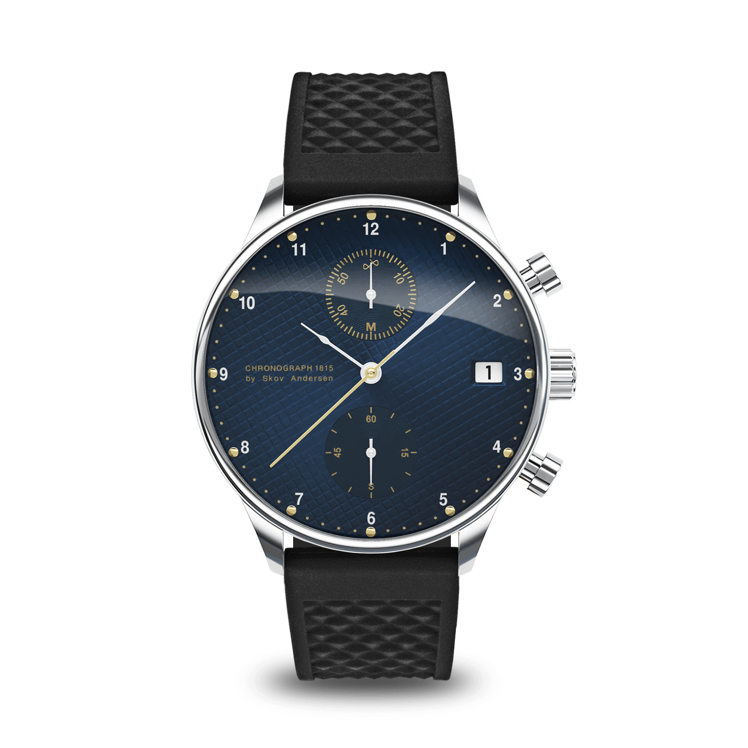 1815 Chronograph Blue Turtle by AV86 vintage-inspired chronograph with sapphire crystal, textured black rubber strap, and steel case
