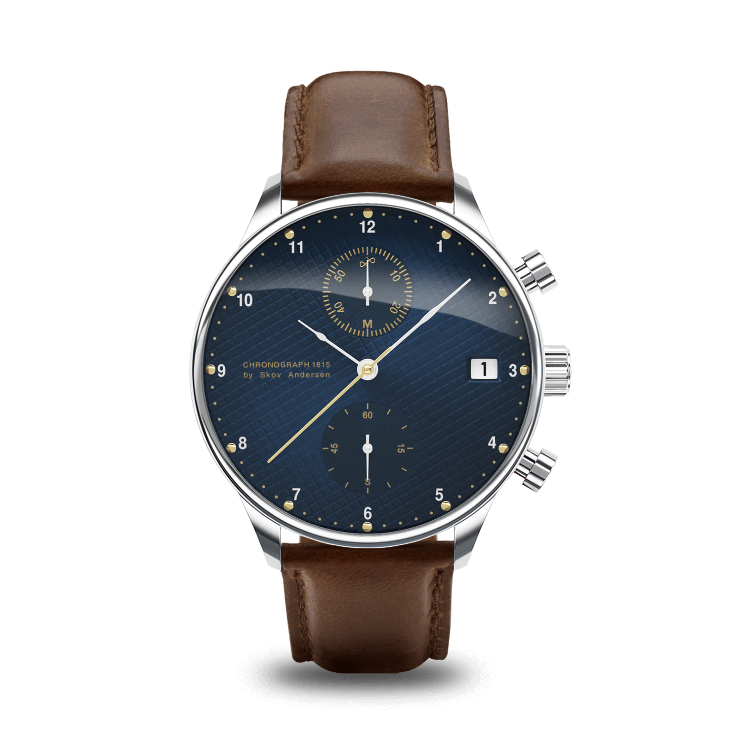 1815 Chronograph by AV86 with vintage-inspired blue dial, chronograph function, sapphire crystal, and brown leather strap