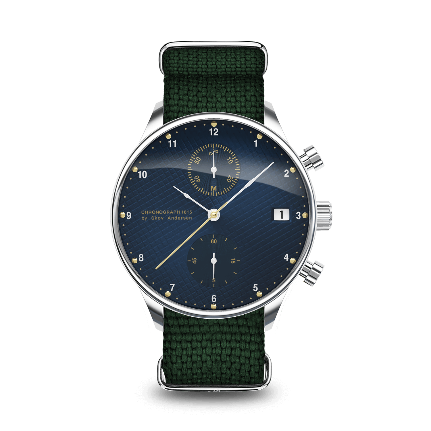 1815 Chronograph by AV86 with vintage-inspired dial, sapphire crystal, chrono subdials, and green textured fabric strap