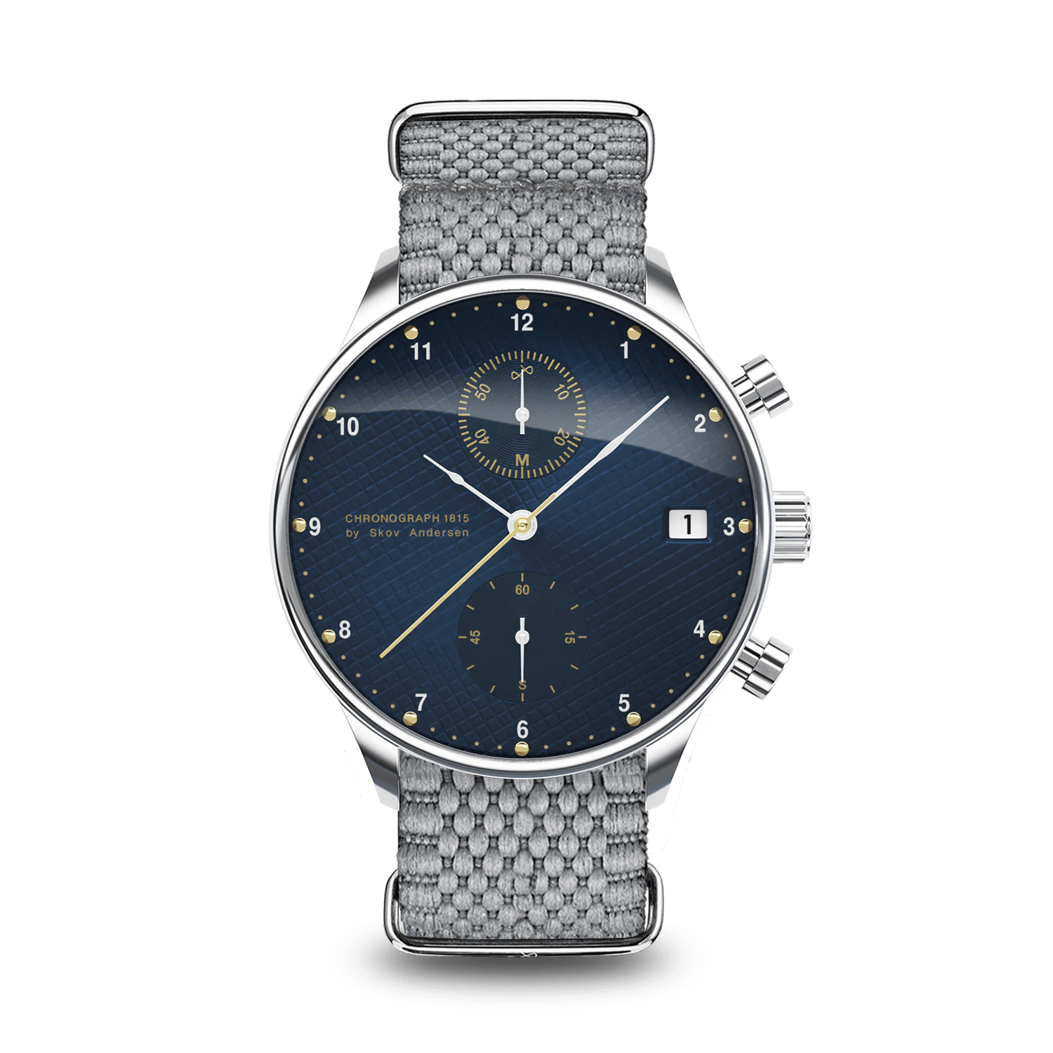1815 Chronograph by AV86 with vintage-inspired dial, chronograph function, sapphire crystal, and grey woven fabric strap