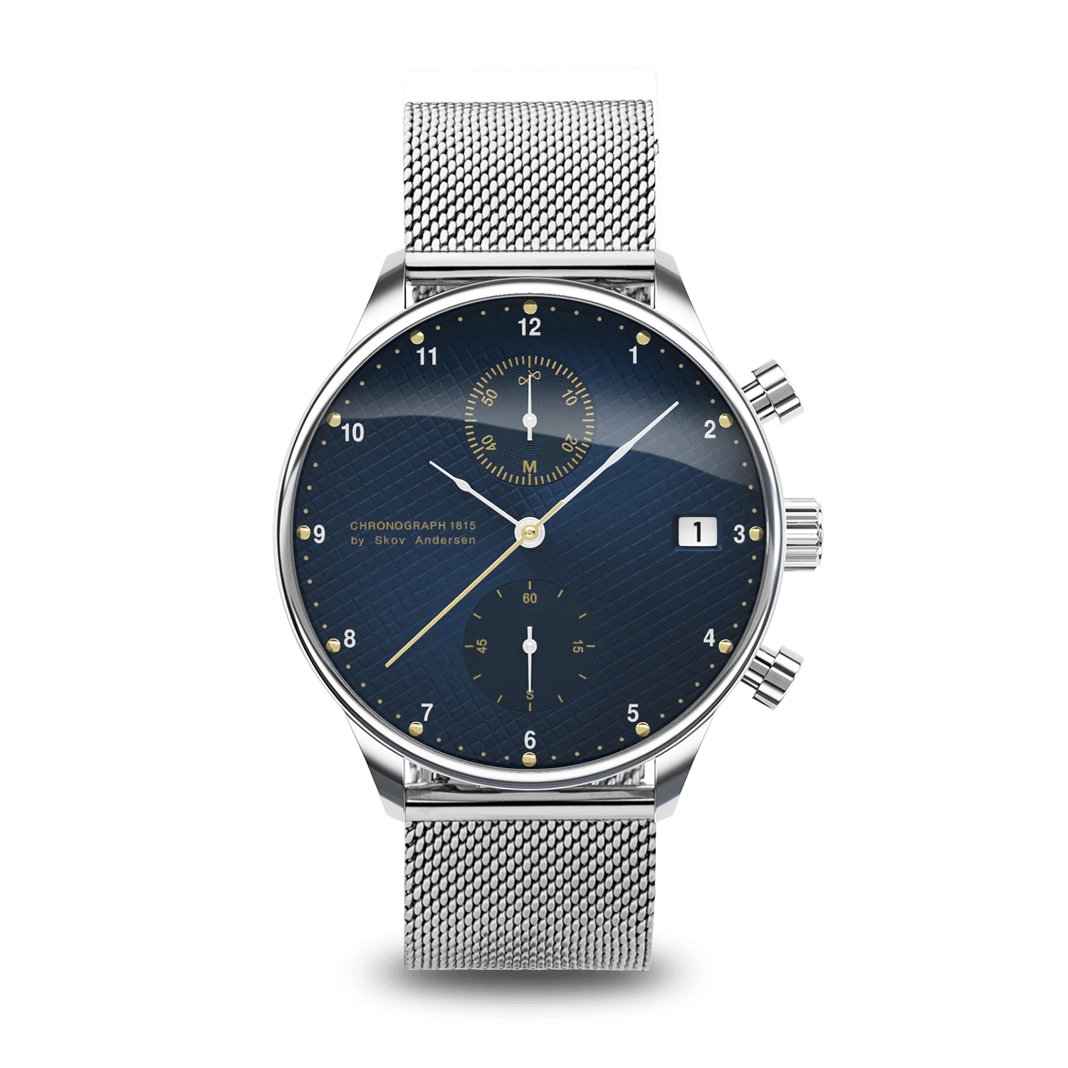 1815 Chronograph by AV86 luxury vintage-inspired chronograph with sapphire crystal, textured blue dial, date window, and steel mesh strap