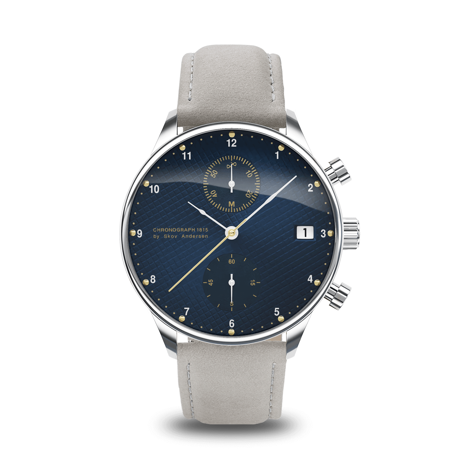 1815 Chronograph by AV86 with vintage-inspired dial, chronograph subdials, date window, sapphire crystal, and light leather strap