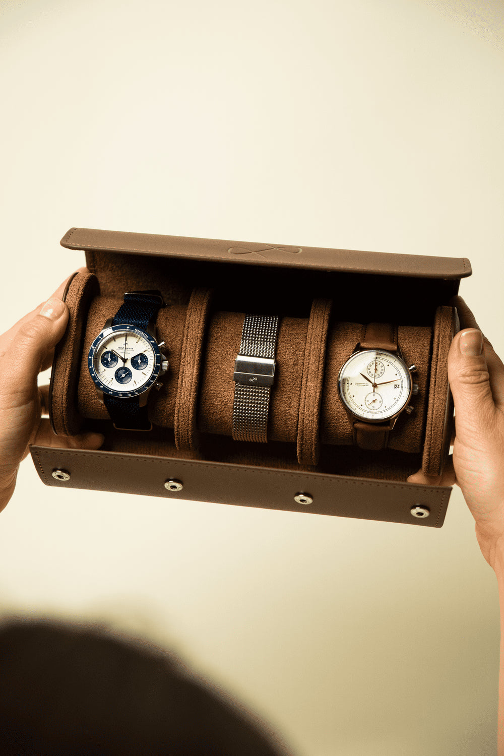 1834 Chronograph by AV86 luxury chronograph with sapphire crystal, stainless steel case, and brown leather strap in leather watch roll