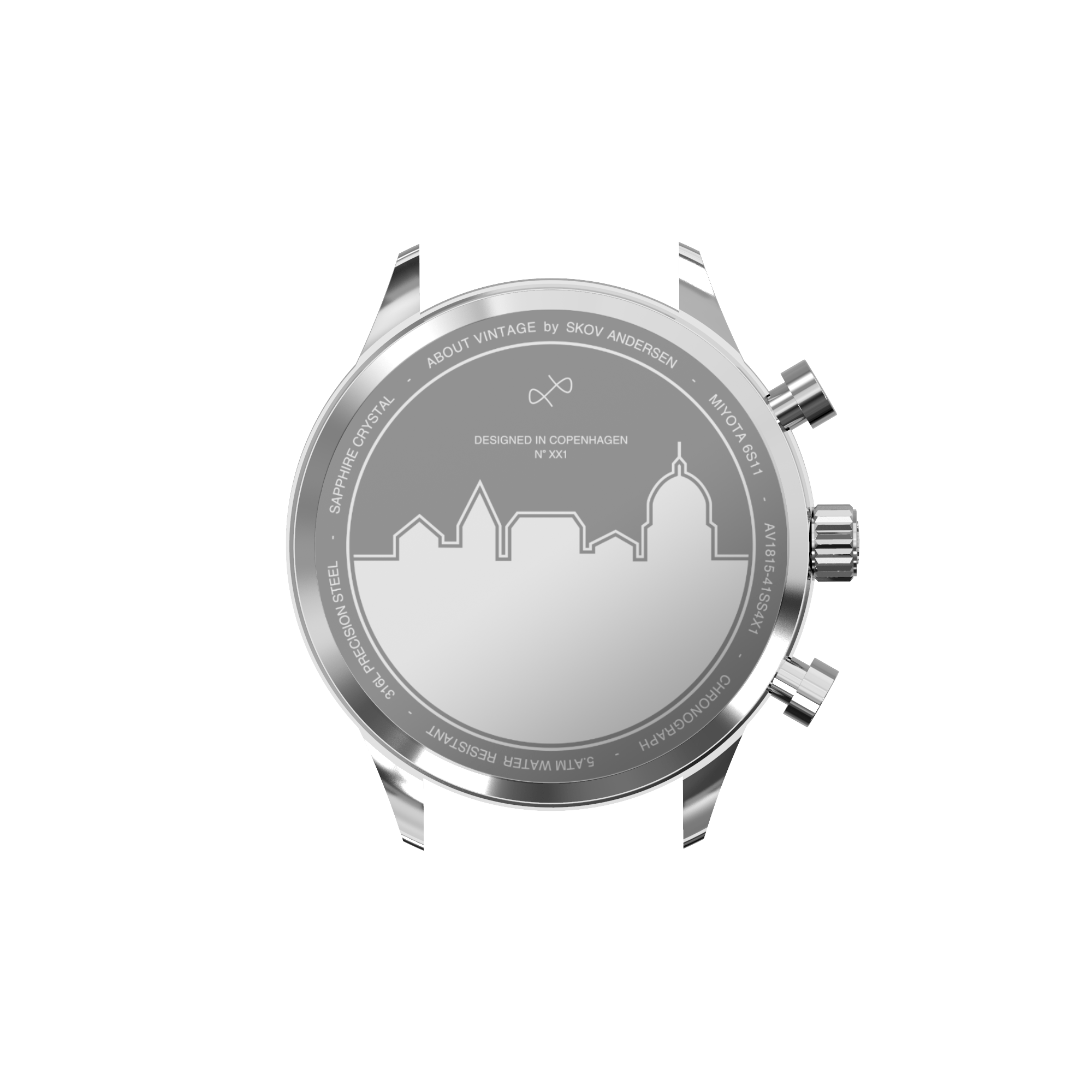 VB Kong Hans Eg, Limited Edition by AV86 chronograph caseback with engraved Copenhagen skyline, stainless steel construction, and sapphire crystal