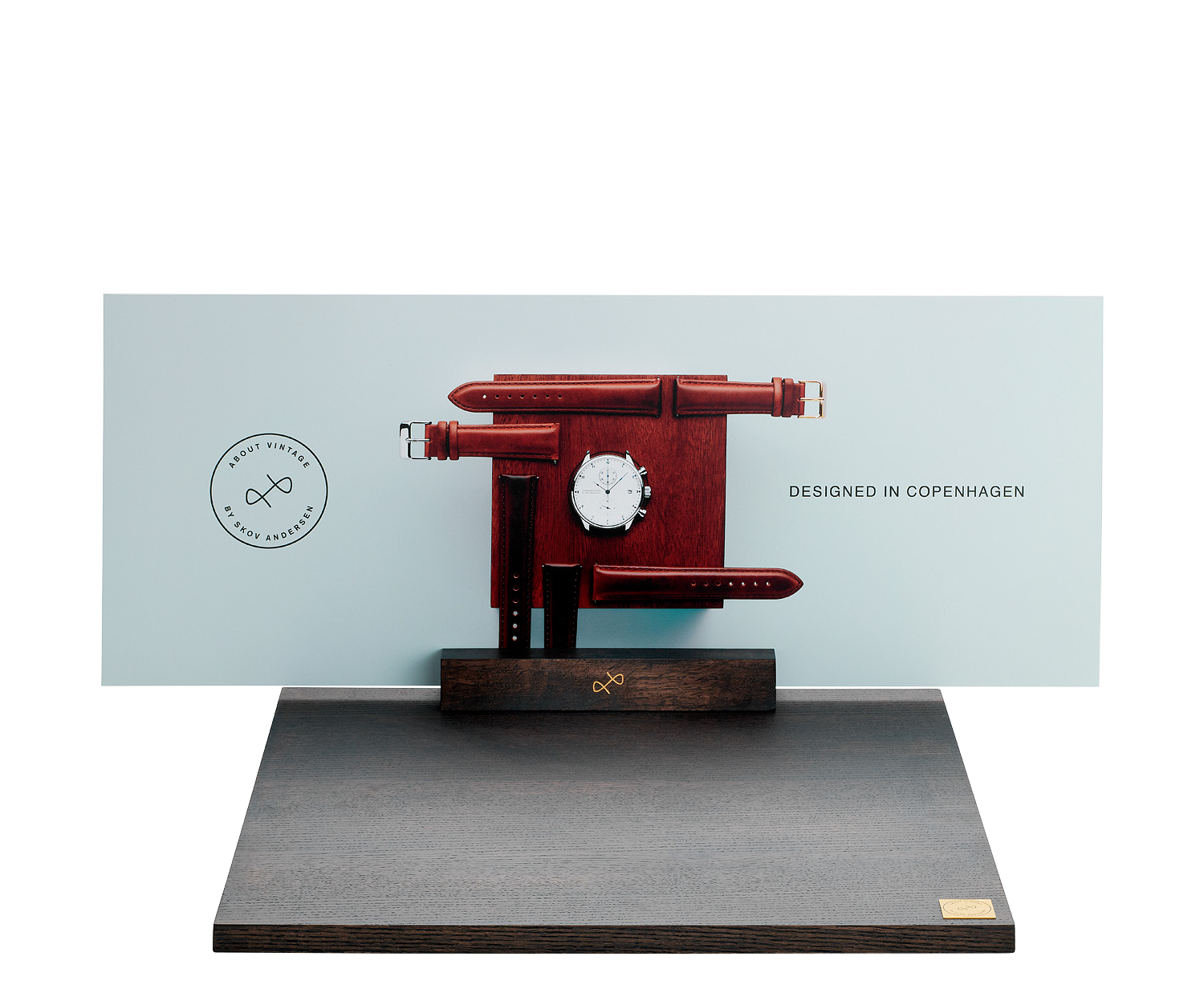 Boards by AV86 minimalist display stand with dark wood, designed for showcasing luxury watches with leather straps