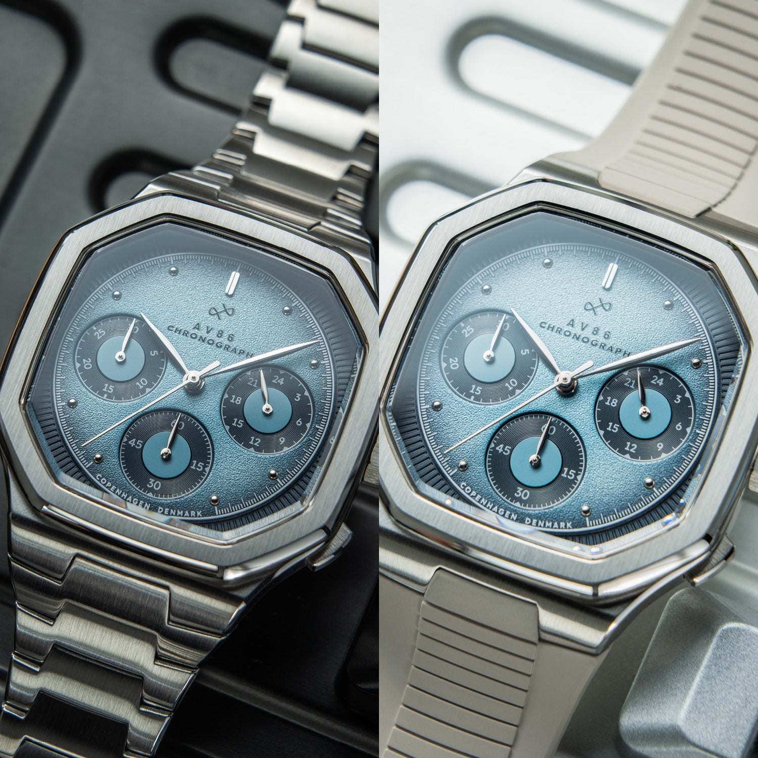 AV86 vintage-inspired chronograph with textured dial, sapphire crystal, hexagonal case, and metal bracelet alongside rubber strap alternatives