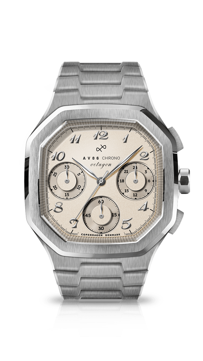AV86 chronograph watch with an octagonal case, textured dial, three subdials, date window, and integrated metal bracelet