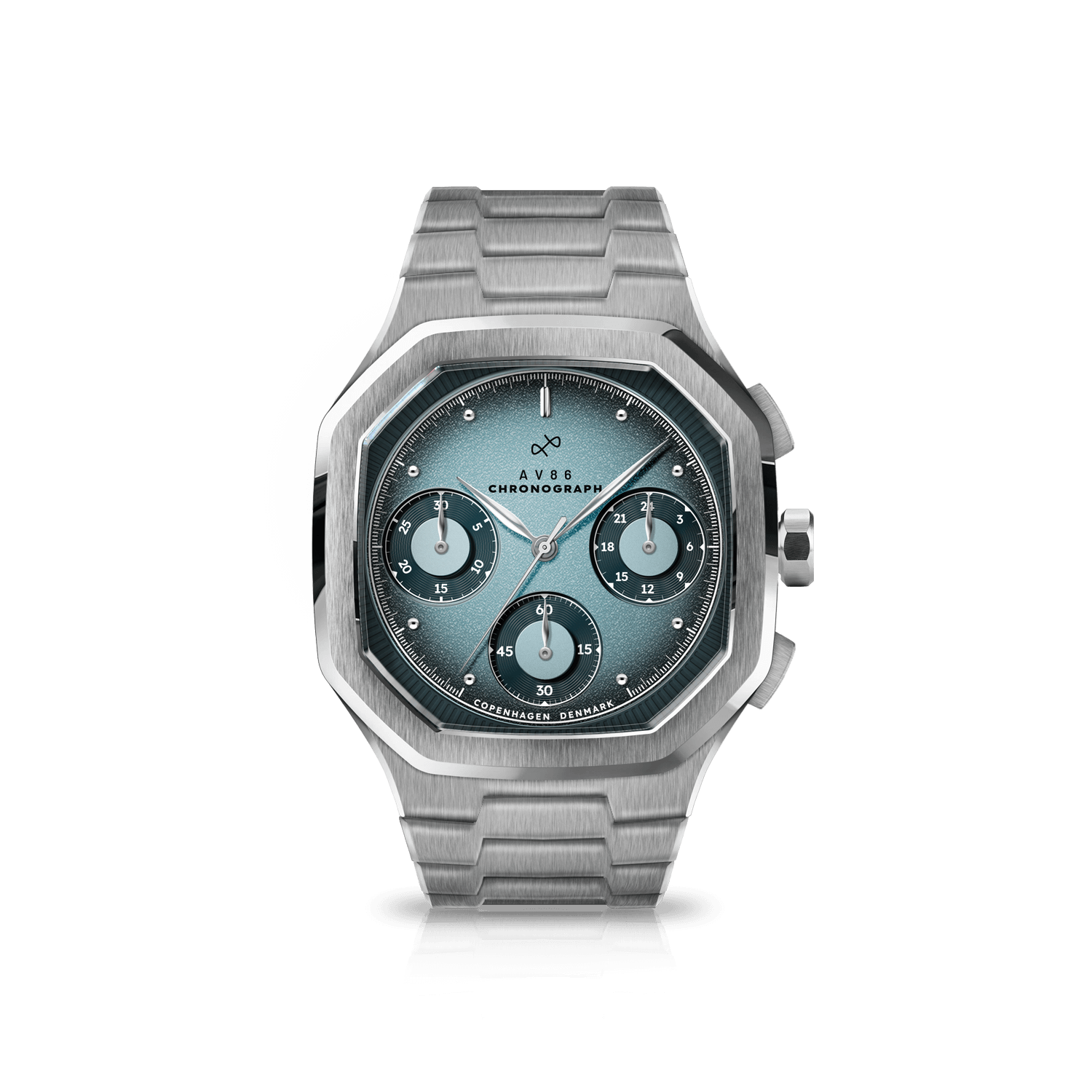 1904 Chronograph by AV86 with angular case, vintage-inspired dial, sapphire crystal, chronograph functions, and steel bracelet strap