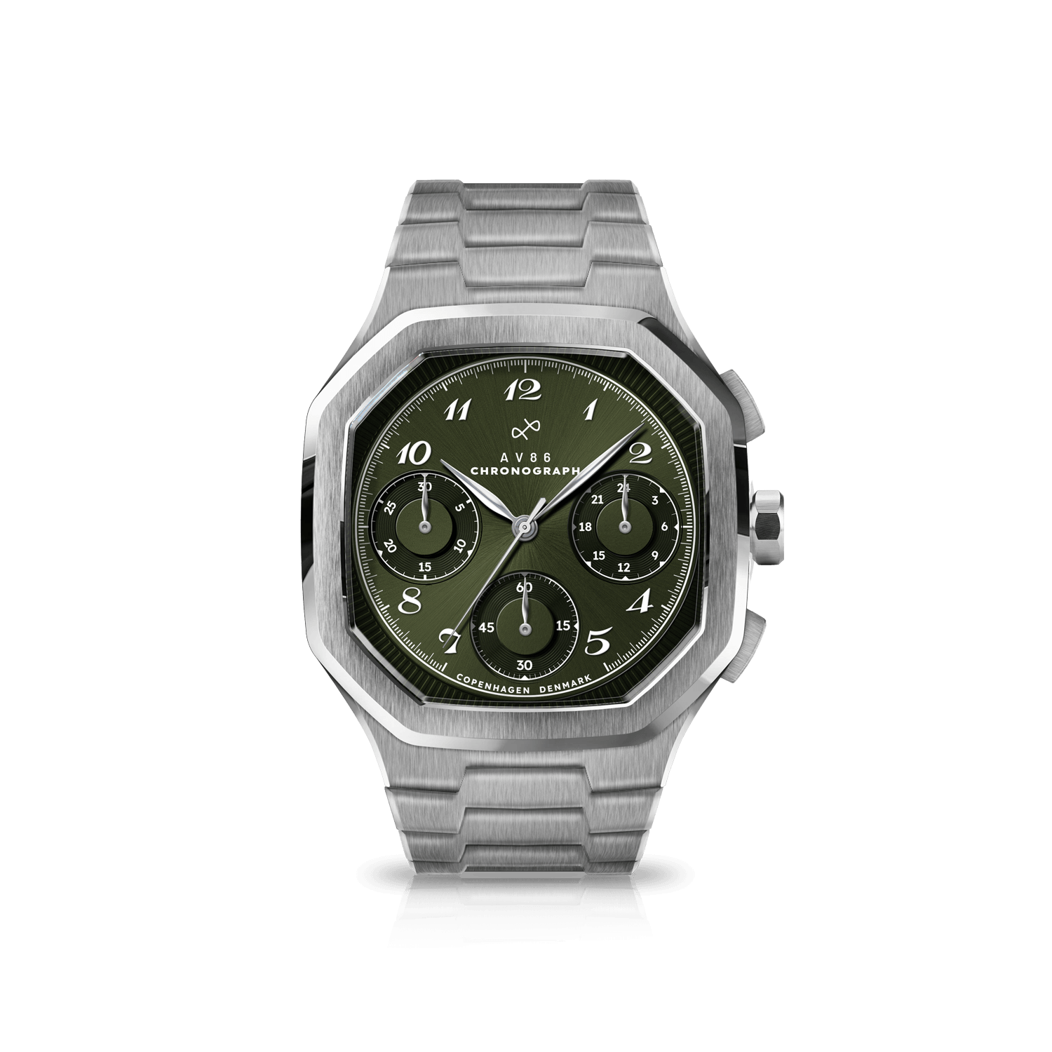 1904 Chronograph by AV86 with angular case, sapphire crystal, chronograph dial, and brushed metal bracelet strap in Danish design style