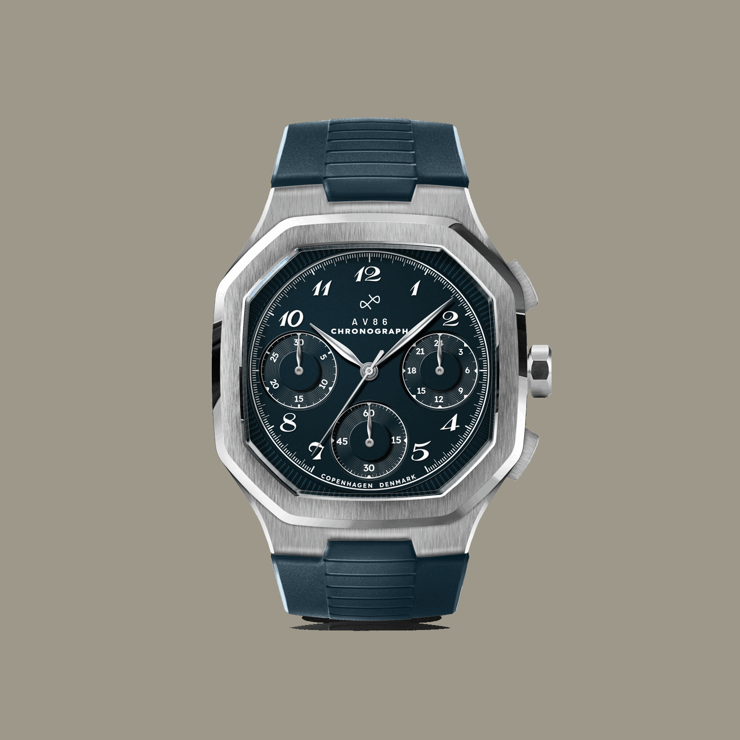 VB Kong Hans Eg, Limited Edition by AV86 vintage-inspired chronograph with sapphire crystal, three subdials, and rubber strap