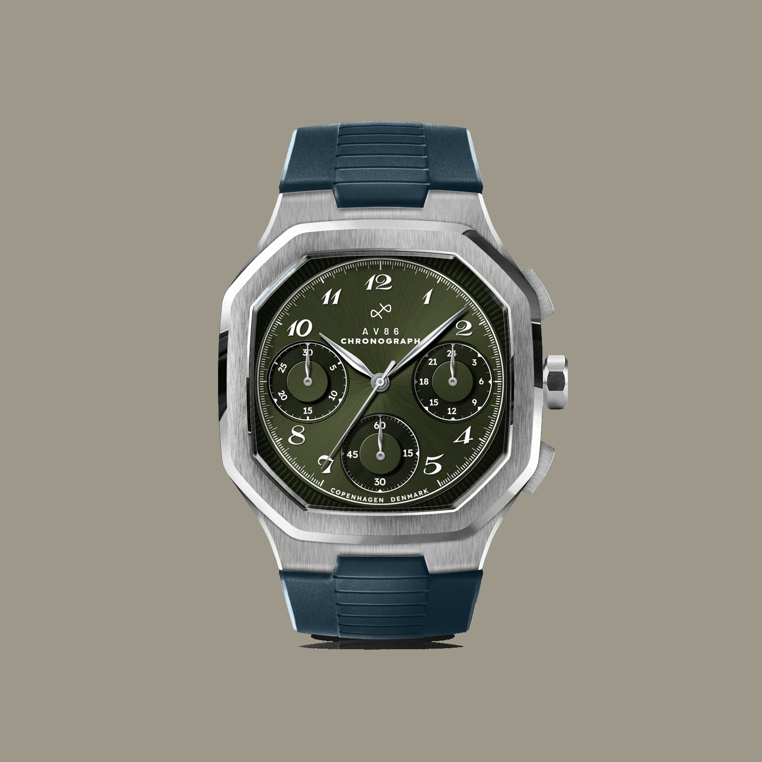 AV86 chronograph with octagonal stainless steel case, sapphire crystal, vintage-inspired dial, and textured rubber strap