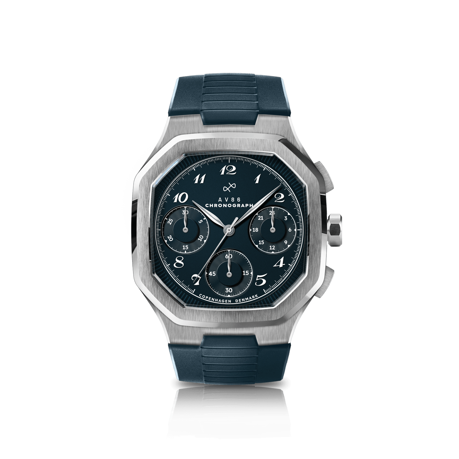 1904 Chronograph by AV86 vintage-inspired angular case with sapphire crystal, chronograph dial, and dark rubber strap