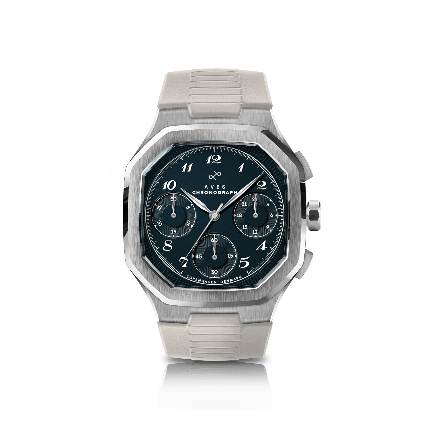 1904 Chronograph by AV86 with angular case, sapphire crystal, vintage-inspired dial, chronograph subdials, and textured rubber strap