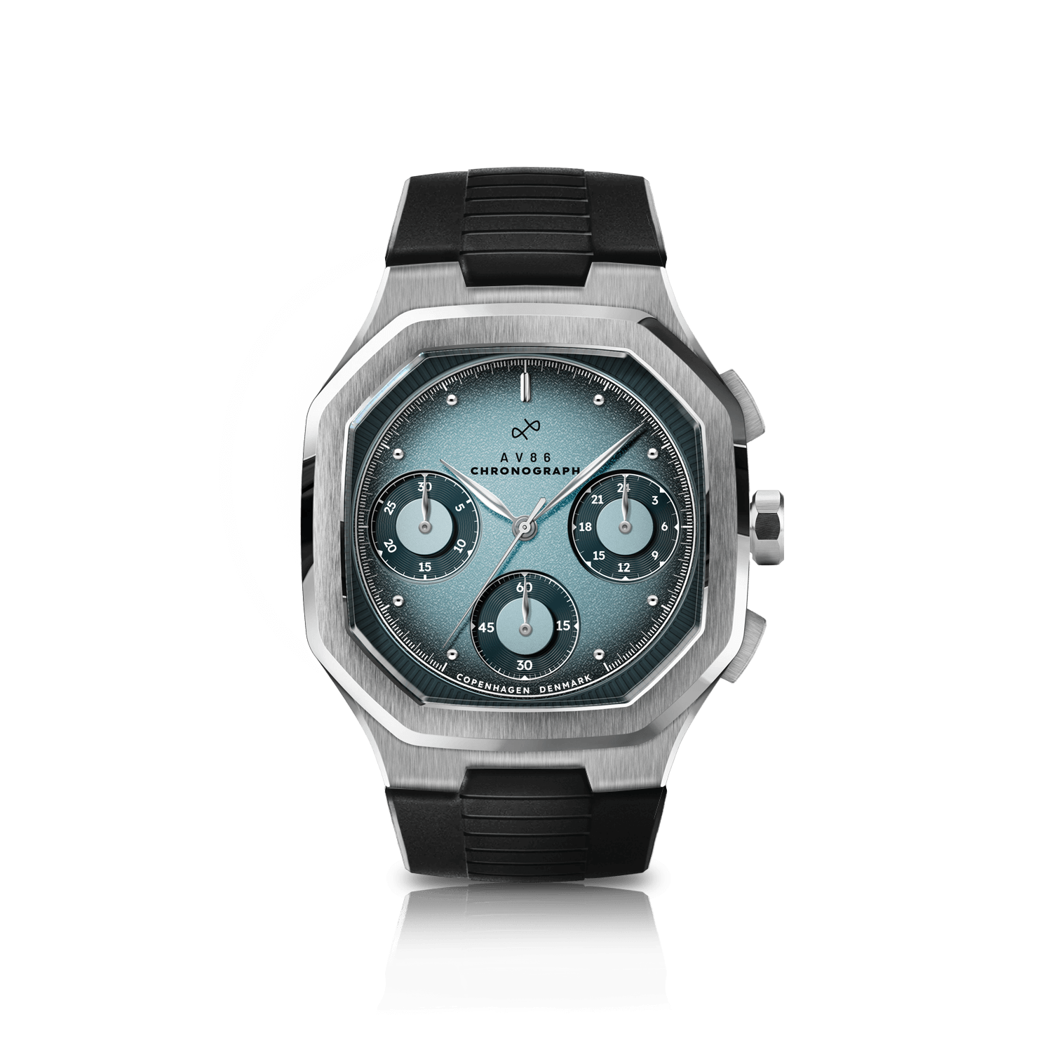 1904 Chronograph by AV86 with angular case, sapphire crystal, vintage-inspired dial, chronograph function, and textured rubber strap