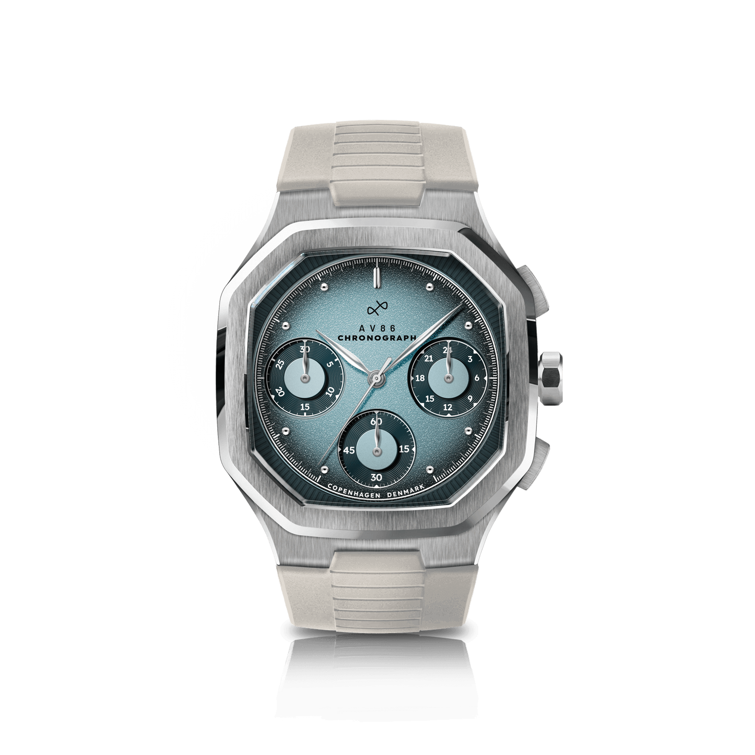 1904 Chronograph by AV86 with angular case, sapphire crystal, vintage-inspired dial, chronograph functions, and rubber strap