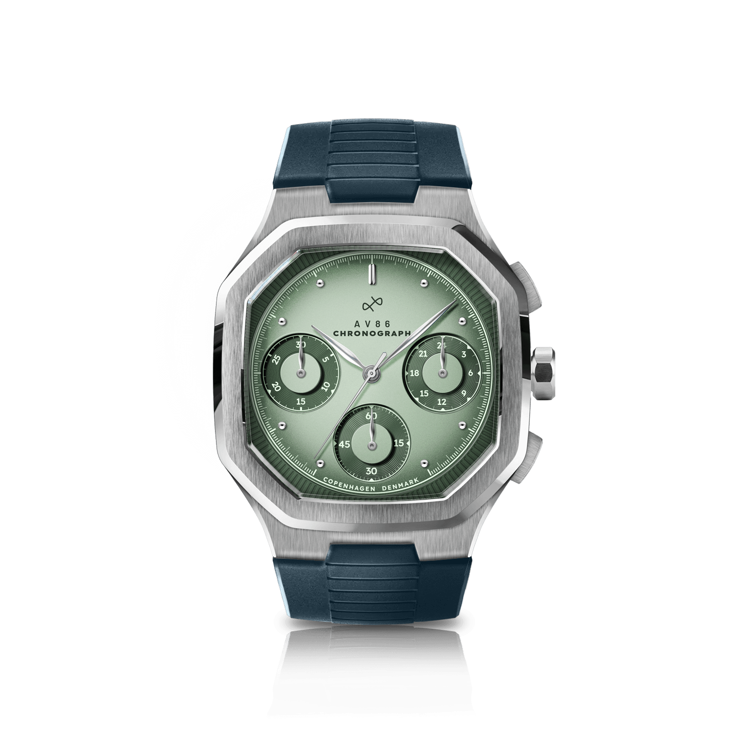 1904 Chronograph by AV86 with angular case, vintage-inspired dial, sapphire crystal, chronograph function, and textured rubber strap