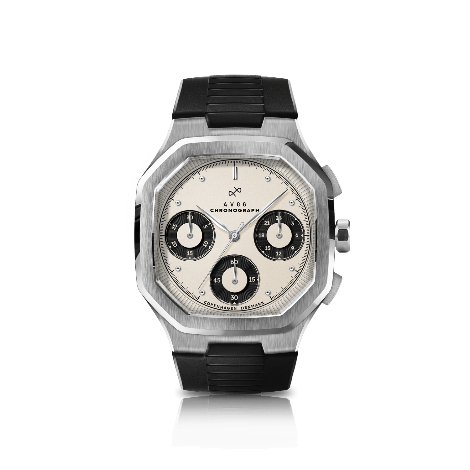 1904 Chronograph by AV86 with angular case, vintage-inspired dial, sapphire crystal, black rubber strap, and precise subdials
