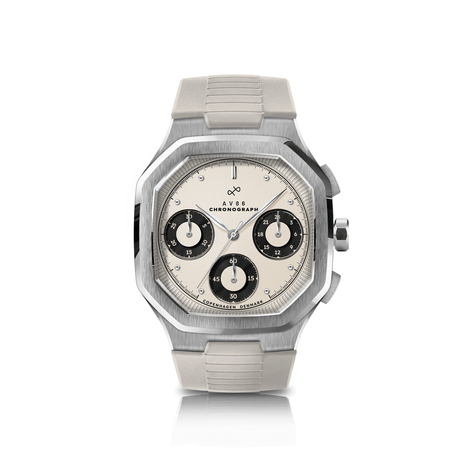 1904 Chronograph by AV86 with angular case, vintage-inspired dial, sapphire crystal, chronograph subdials, and textured rubber strap