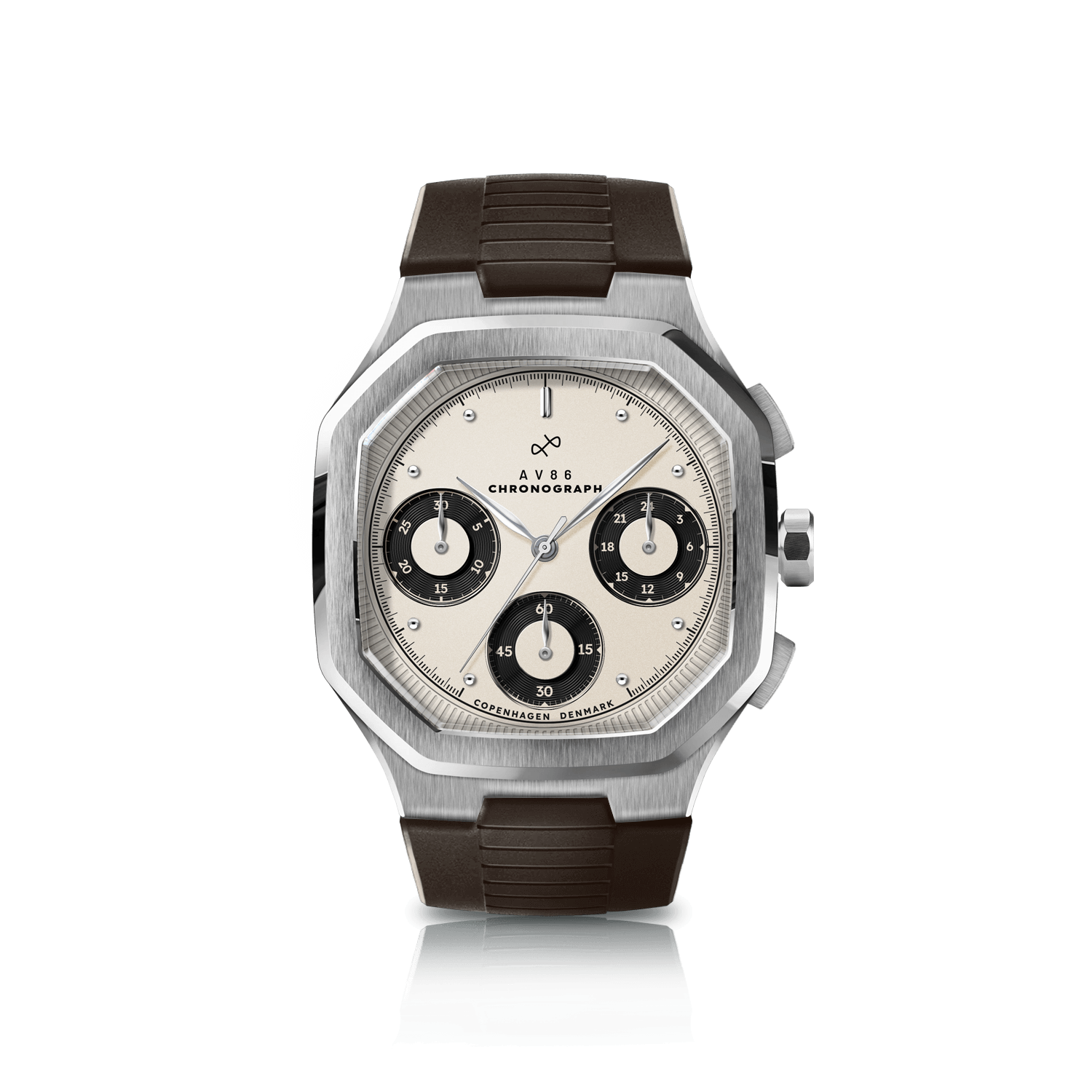 1904 Chronograph by AV86 angular case design with vintage-inspired dial, sapphire crystal, chronograph subdials, and rubber strap
