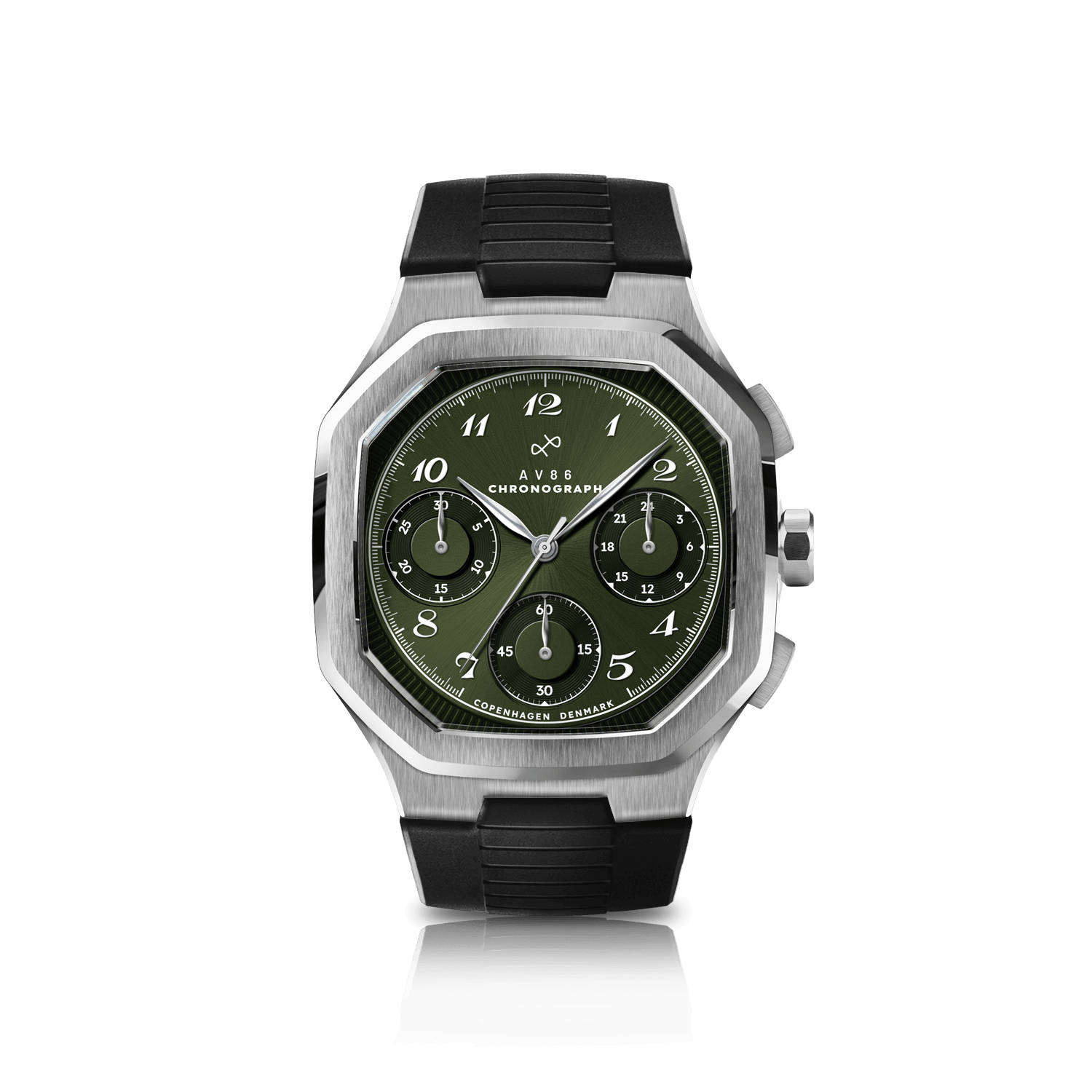 1904 Chronograph by AV86 with angular case, vintage-inspired dial, sapphire crystal, and black rubber strap, Nordic minimalism design