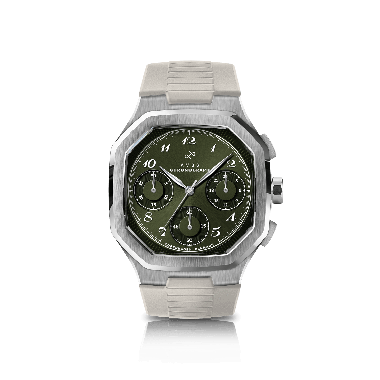 1904 Chronograph by AV86 with angular case, vintage-inspired dial, sapphire crystal, and durable rubber strap in minimalist design